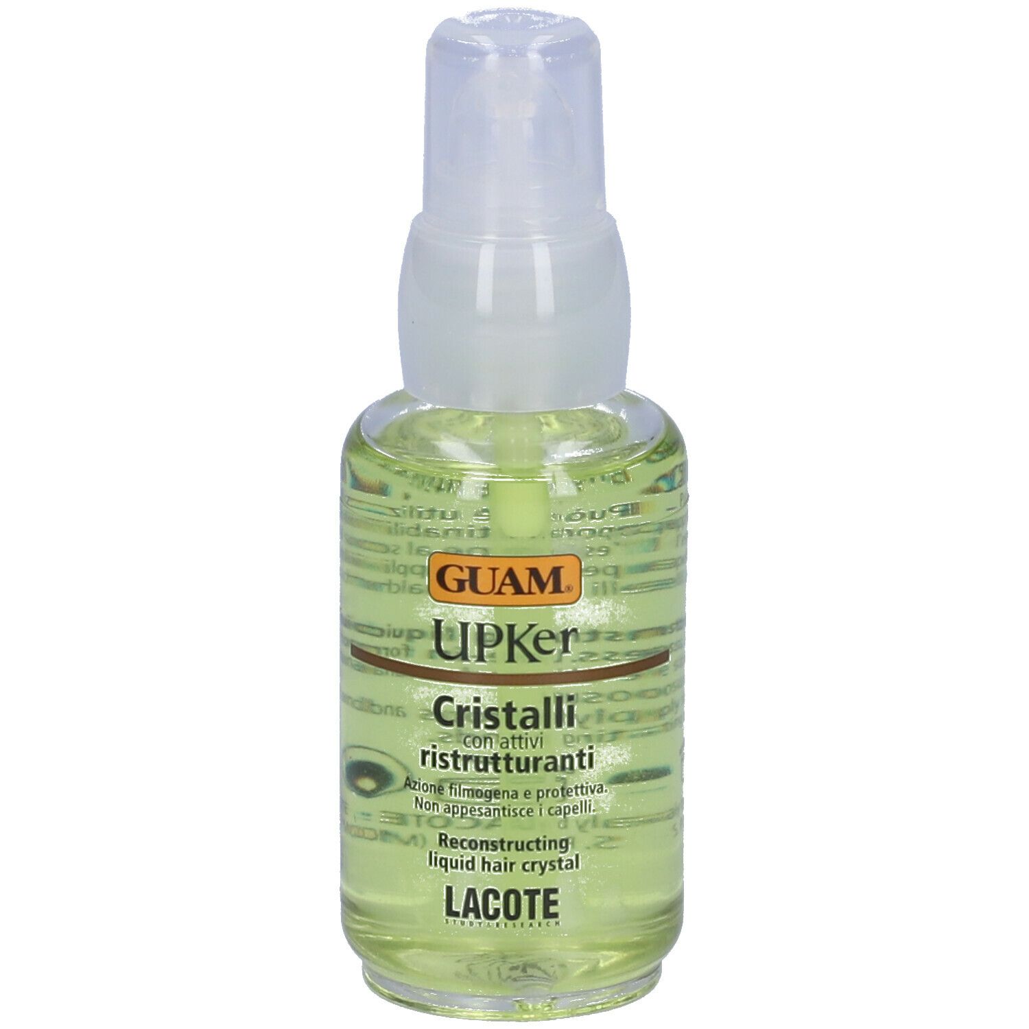 GUAM Upker Cristalli Ristrutturanti. Flacone trasparente con vaporizzatore. Scritta: Cristalli, Lacote.