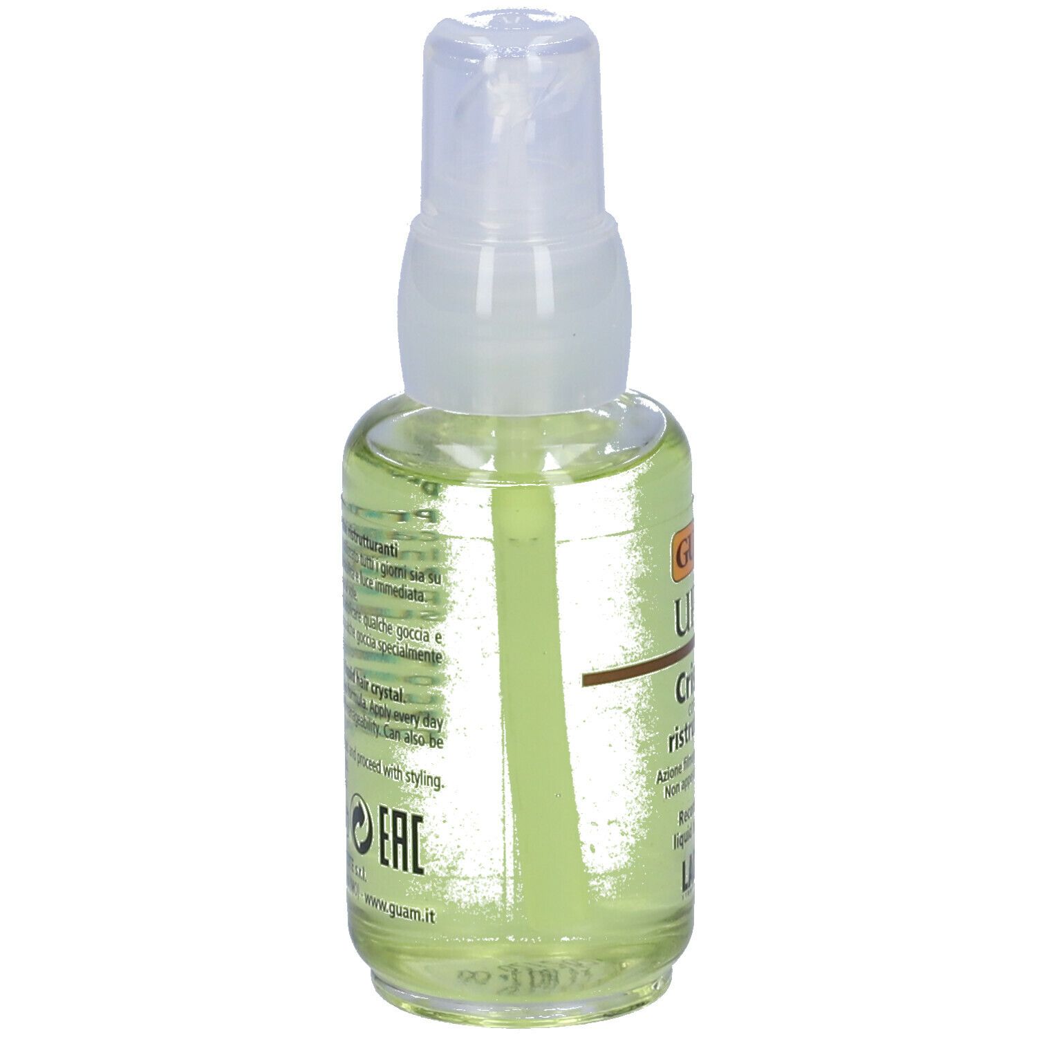 GUAM Upker Cristalli Ristrutturanti. Flacone trasparente con vaporizzatore. Scritta: Cristalli, Lacote.