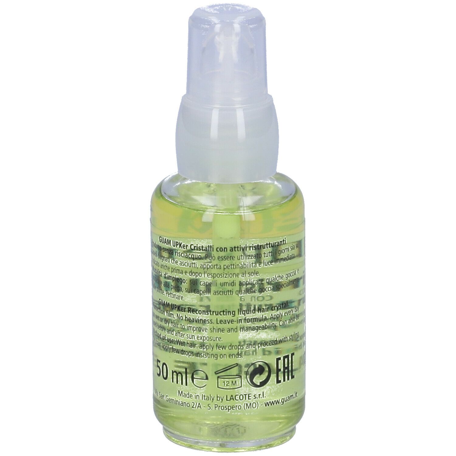 GUAM Upker Cristalli Ristrutturanti. Flacone trasparente con vaporizzatore. Scritta: Cristalli, Lacote, 50 ml.