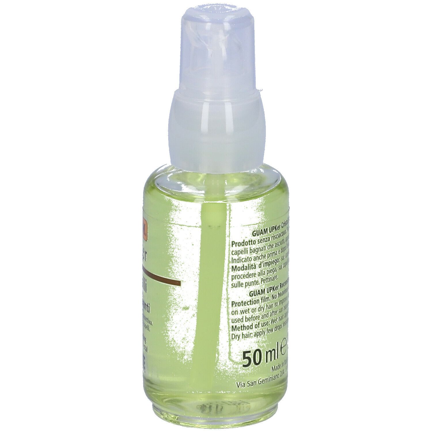 GUAM Upker Cristalli Ristrutturanti. Flacone trasparente con vaporizzatore. Scritta: Cristalli, Lacote, 50 ml.