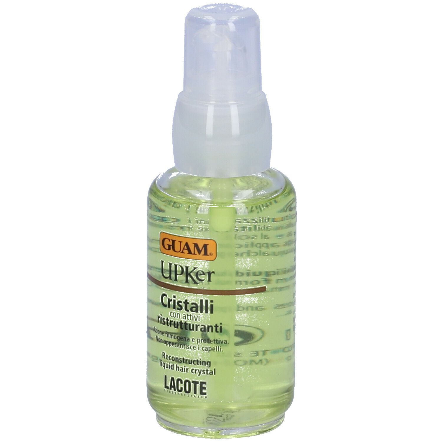 GUAM Upker Cristalli Ristrutturanti. Flacone trasparente con vaporizzatore. Scritta: Cristalli, Lacote, 50 ml.