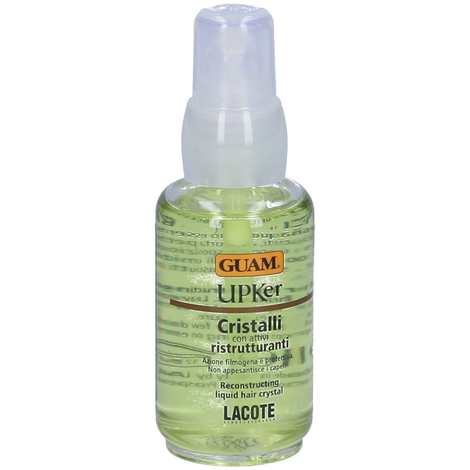 GUAM Upker Cristalli Ristrutturanti. Flacone trasparente con vaporizzatore. Scritta: Cristalli, Lacote, 50 ml.