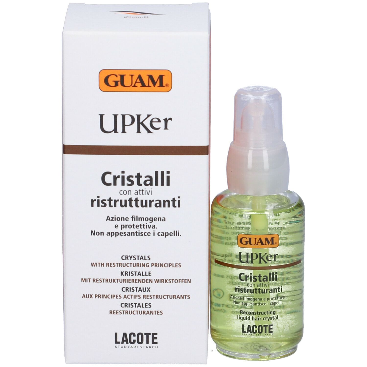 GUAM Upker Cristalli Ristrutturanti. Flacone e confezione. Scritta: Cristalli, con attivi ristrutturanti. Lacote.
