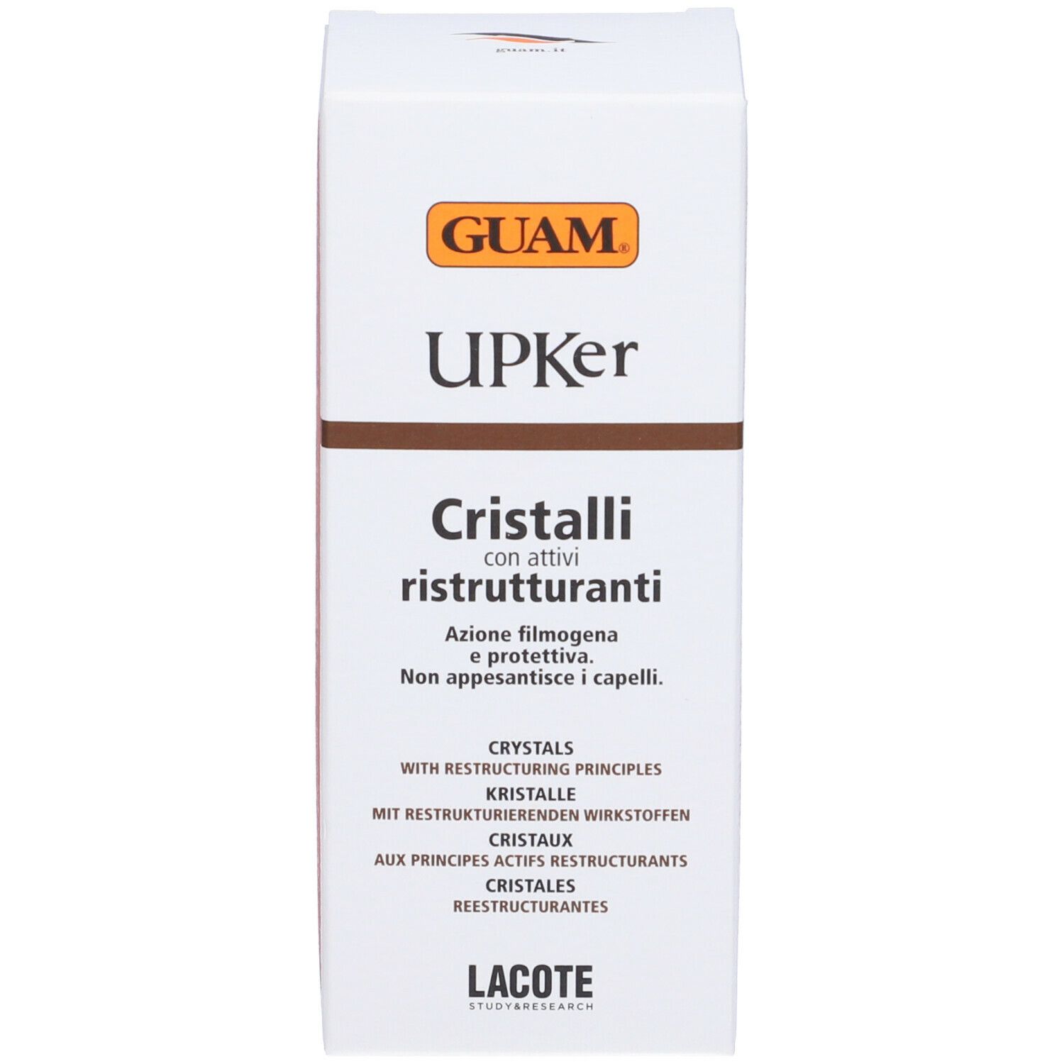 GUAM Upker Cristalli Ristrutturanti. Confezione. Scritta: Cristalli, con attivi ristrutturanti. Lacote.