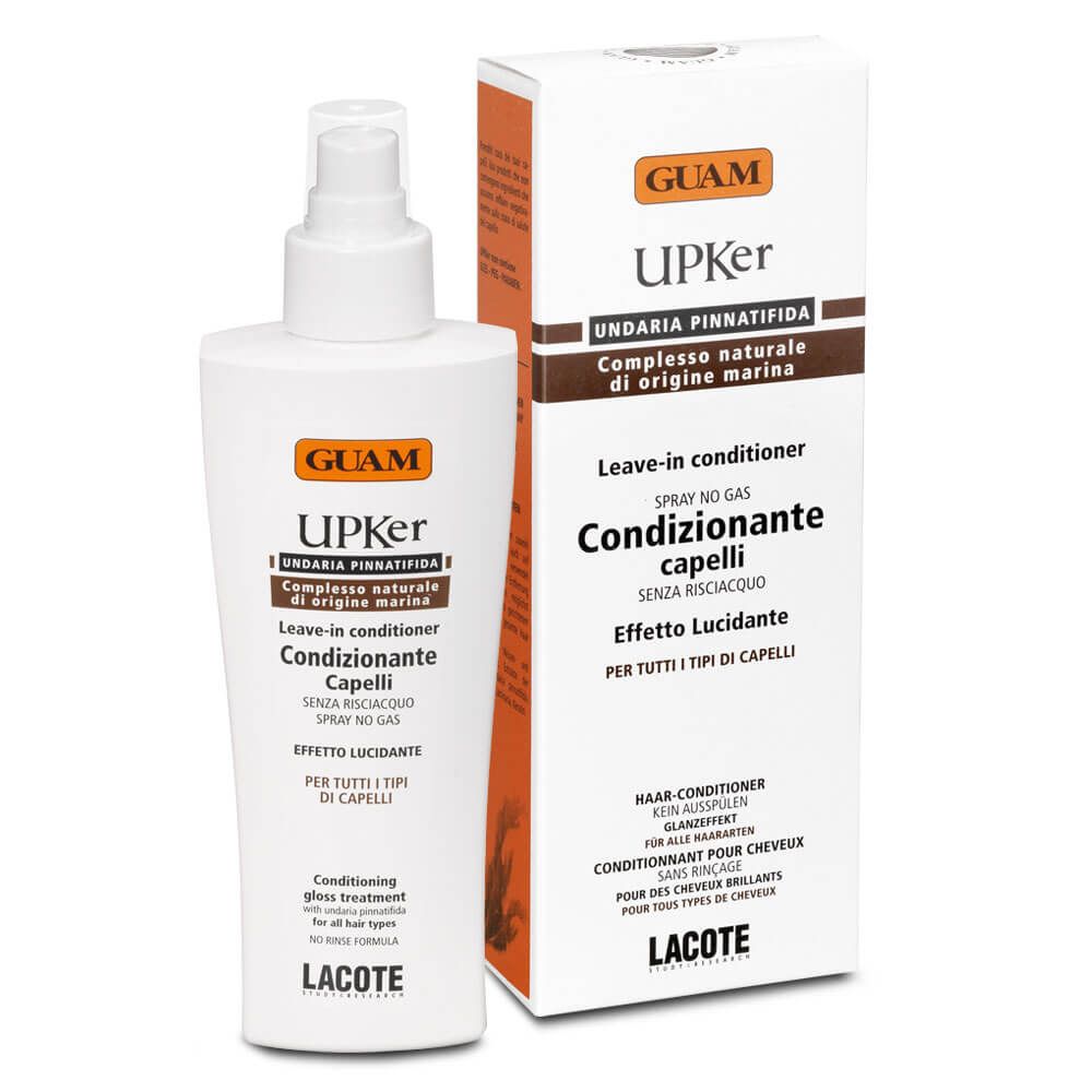 Flacone spray bianco e confezione rettangolare. Etichette marroni e arancioni. Testo: GUAM, UPKer, Condizionante Capelli. Condizionatore senza risciacquo.
