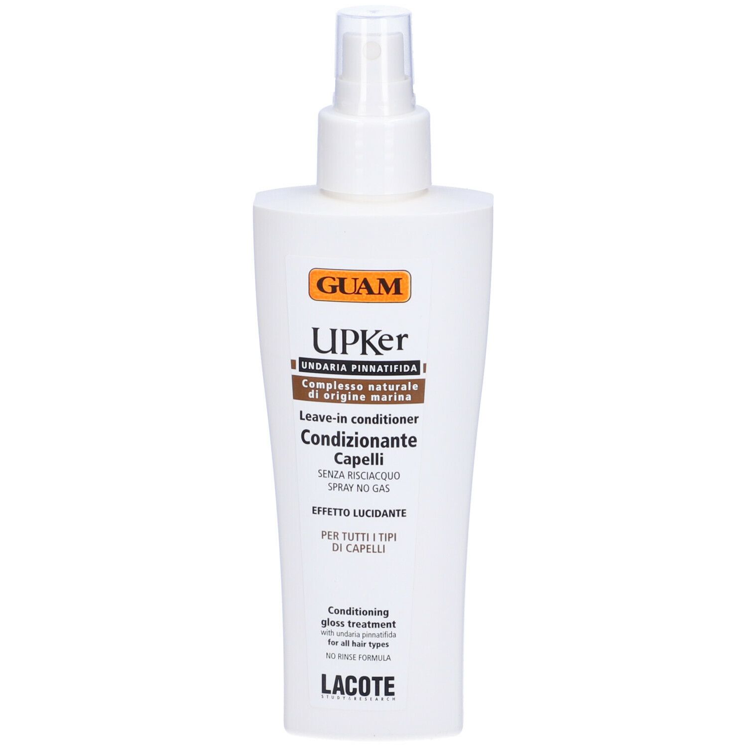 Flacone spray bianco. Etichette marroni e arancioni. Testo: GUAM, UPKer, Condizionante Capelli. Condizionatore senza risciacquo.