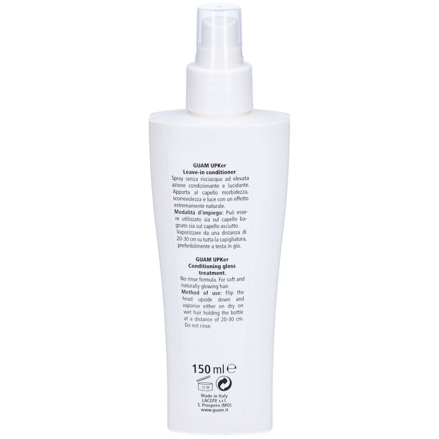 Retro di un flacone spray bianco. Testo multilingue. 150 ml. Flacone con erogatore spray.