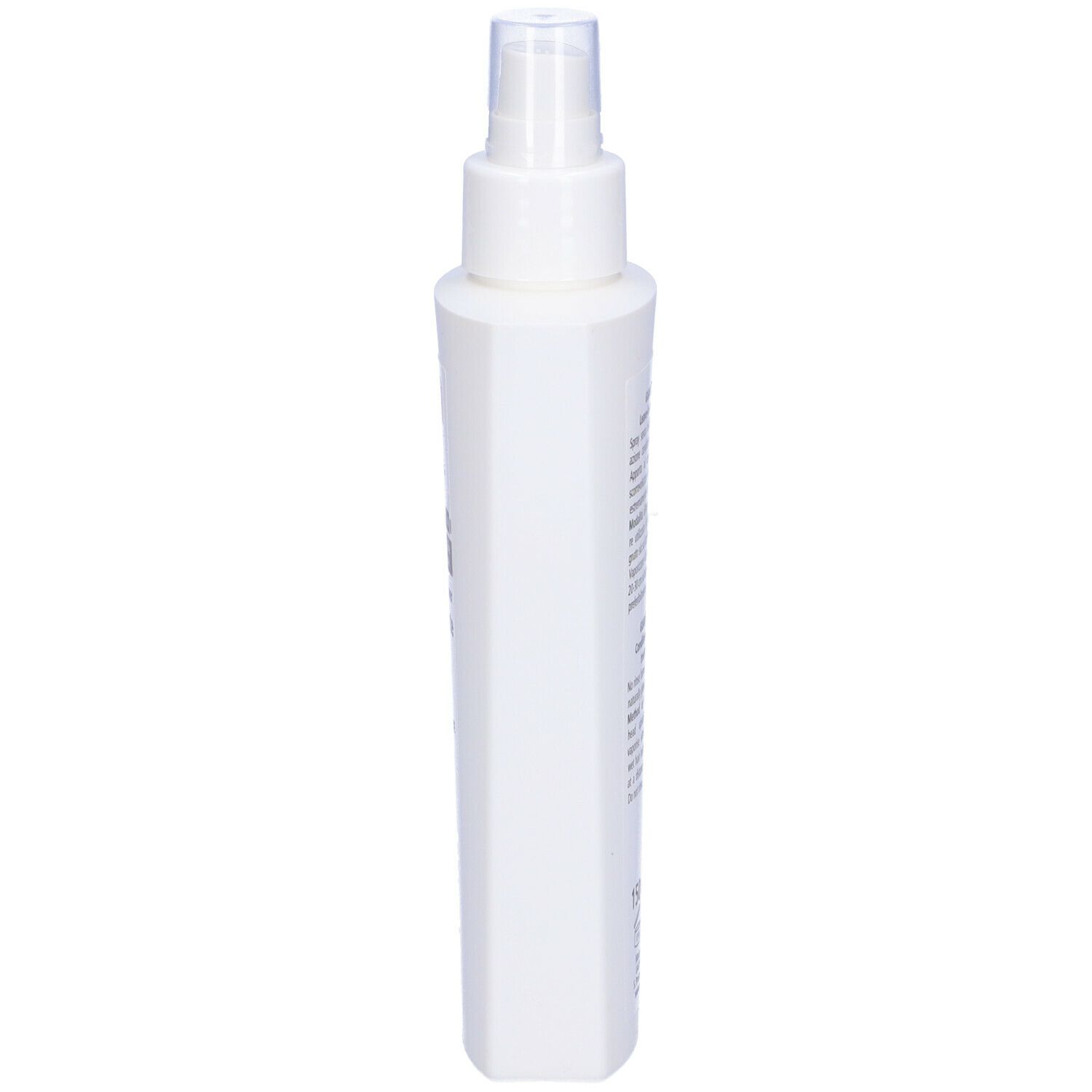Flacone spray bianco, vista laterale. Testo illeggibile. Flacone con erogatore spray.