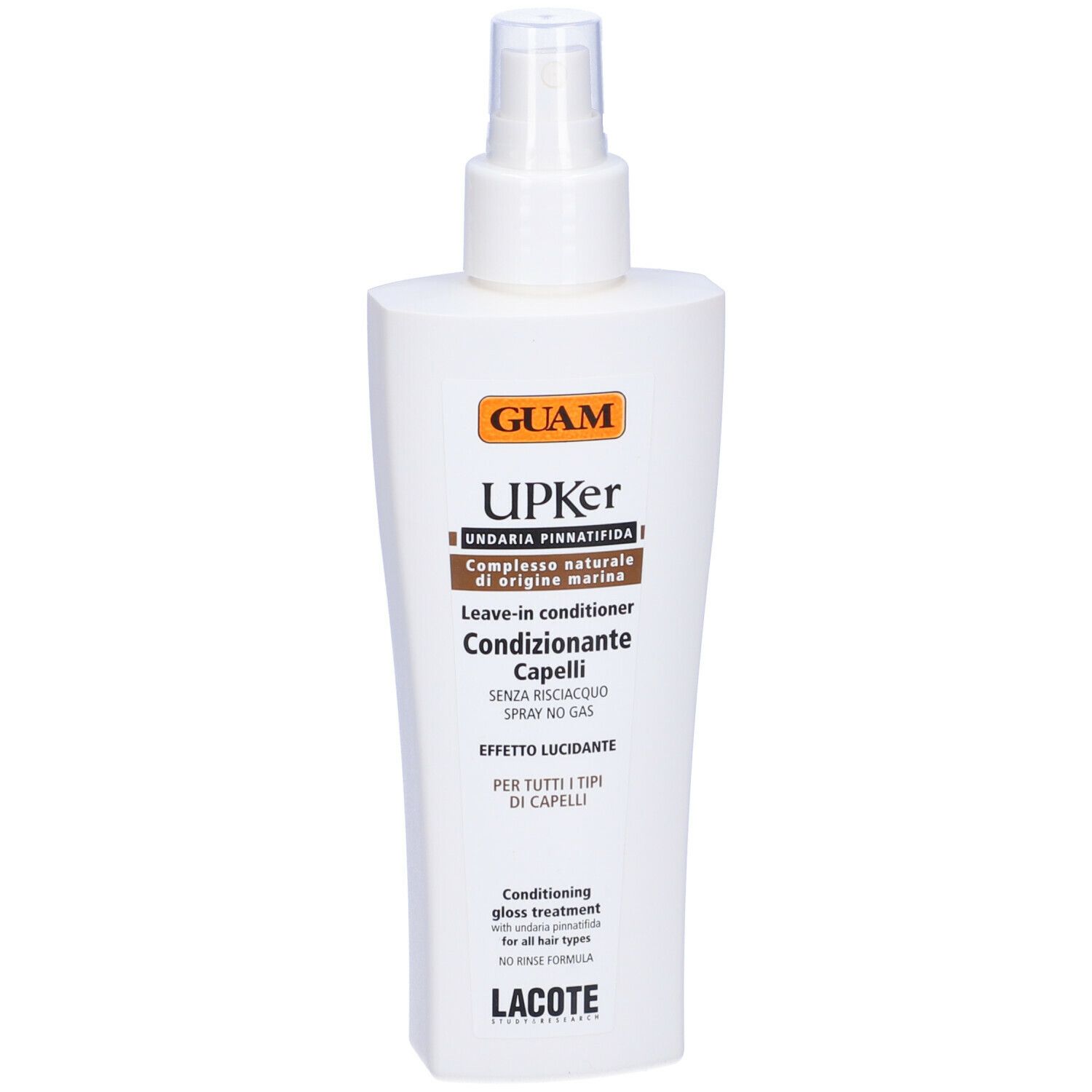 Flacone spray bianco. Etichette marroni e arancioni. Testo: GUAM, UPKer, Condizionante Capelli. Condizionatore senza risciacquo.
