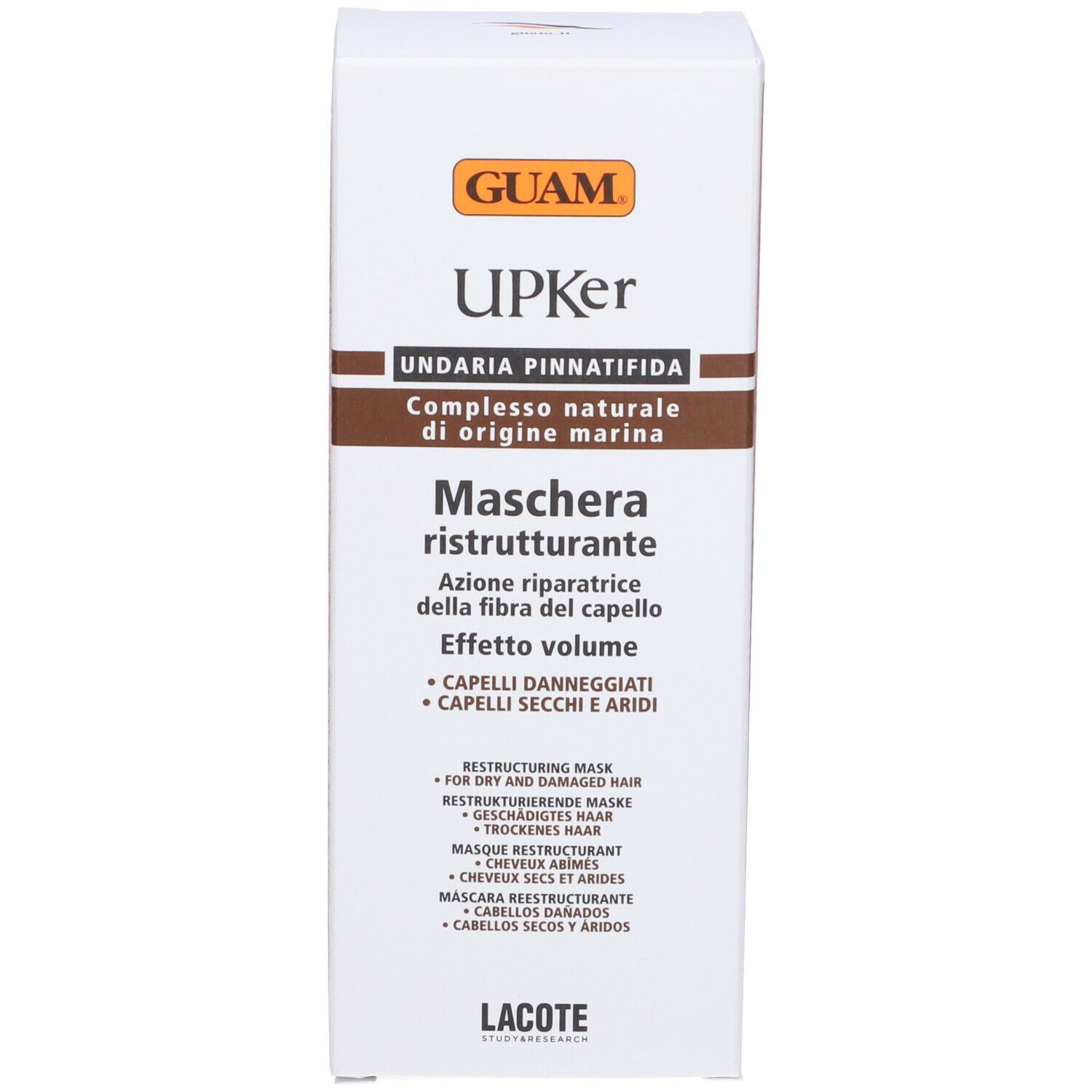 GUAM Upker maschera per capelli e confezione. Scatola con testo: Maschera Ristrutturante. Per capelli secchi e danneggiati.