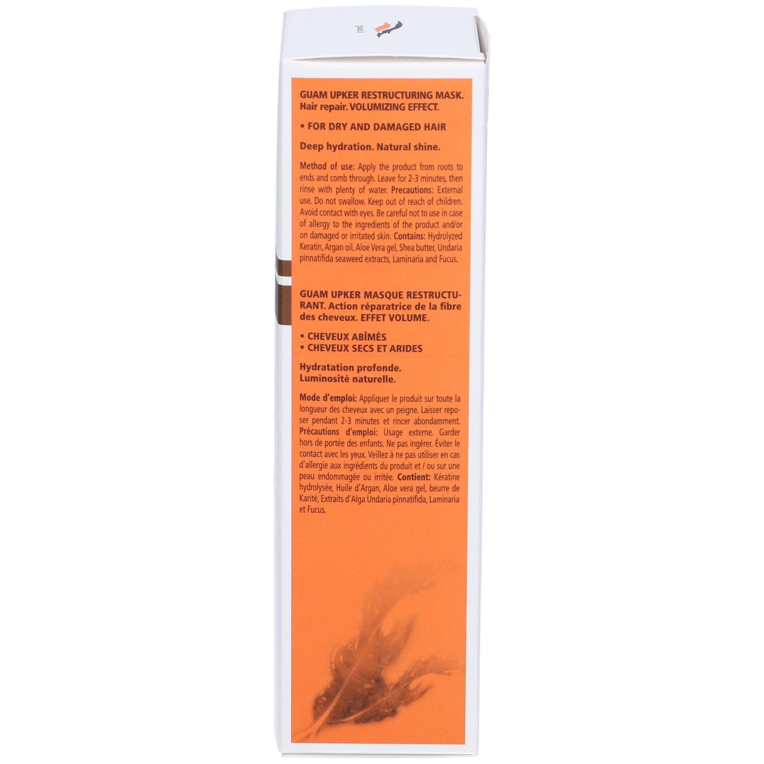 Lato della confezione della maschera per capelli GUAM Upker. Testo: GUAM Upker Maschera Ristrutturante. Per capelli secchi e danneggiati.