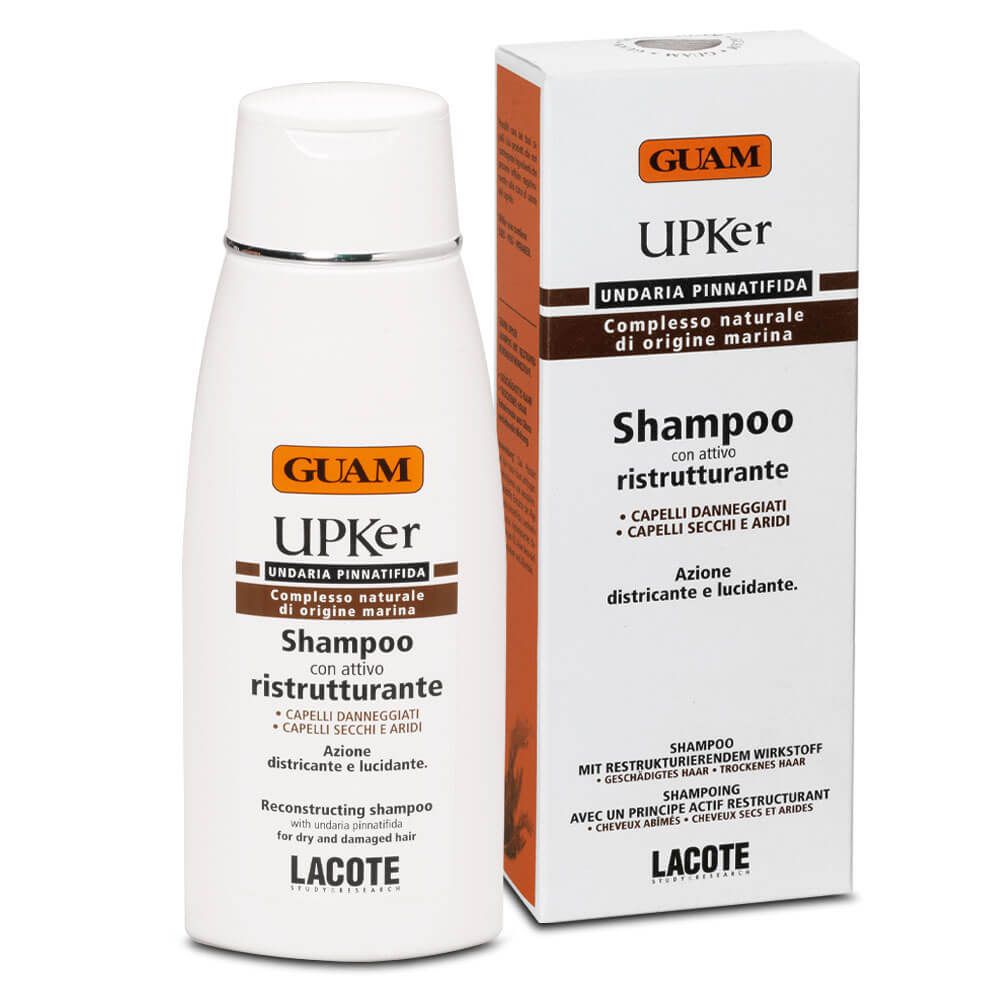 Flacone bianco GUAM Upker Shampoo e scatola. Scritta in italiano e inglese. Tappo bianco, dettagli argento. Sfondo bianco.