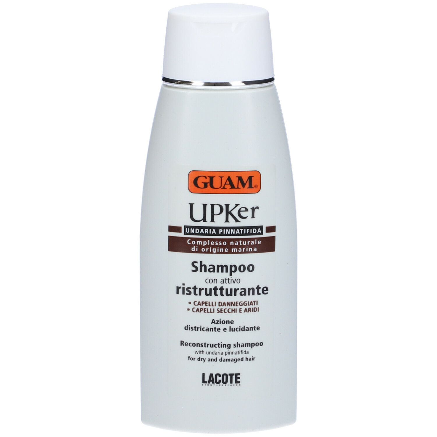 Flacone bianco GUAM Upker Shampoo. Scritta in italiano e inglese. Tappo bianco, dettagli argento. Sfondo bianco.