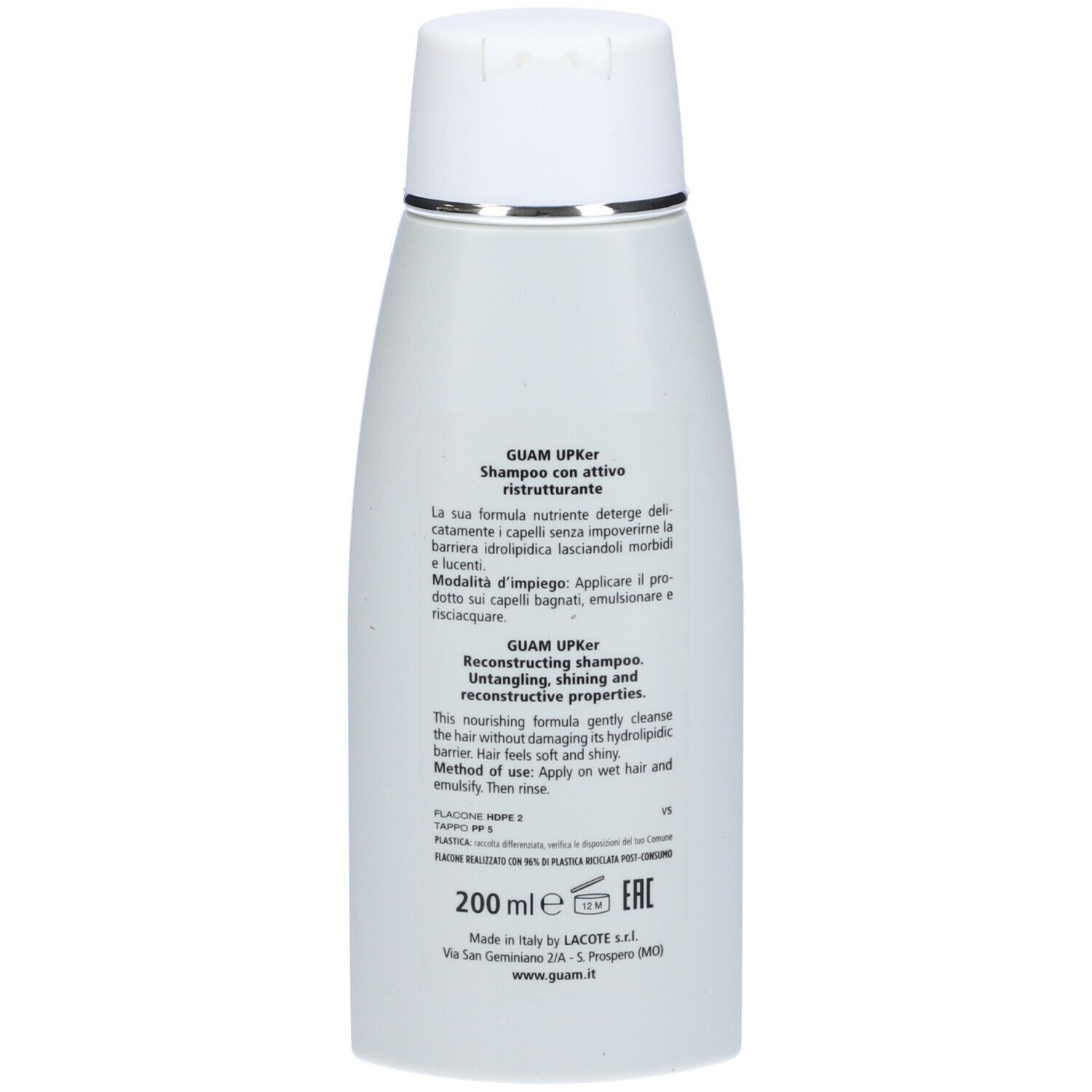 Retro di un flacone di shampoo bianco. Testo multilingue. Tappo bianco con anello argentato. 200 ml.
