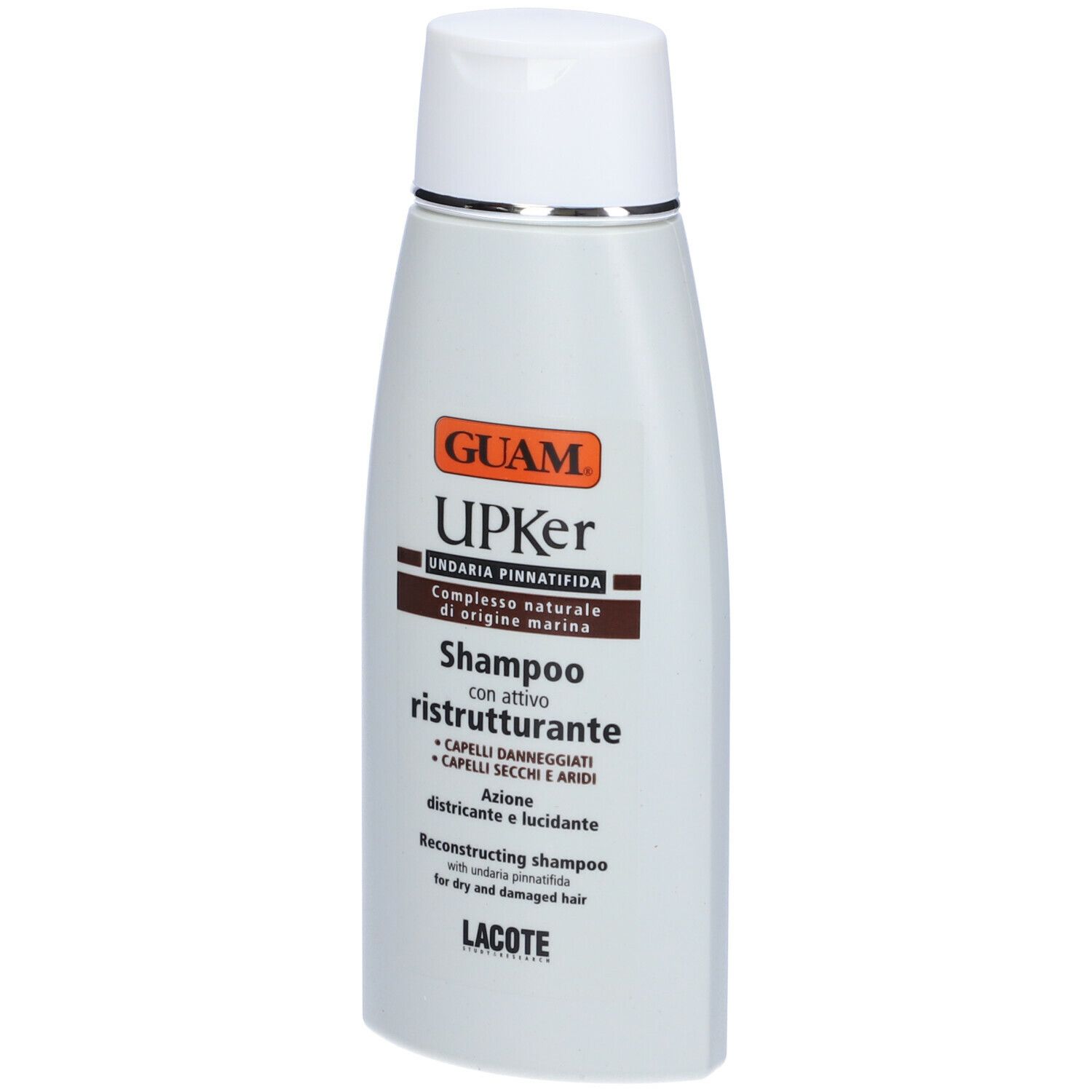 Flacone bianco GUAM Upker Shampoo. Scritta in italiano e inglese. Tappo bianco, dettagli argento. Sfondo bianco.