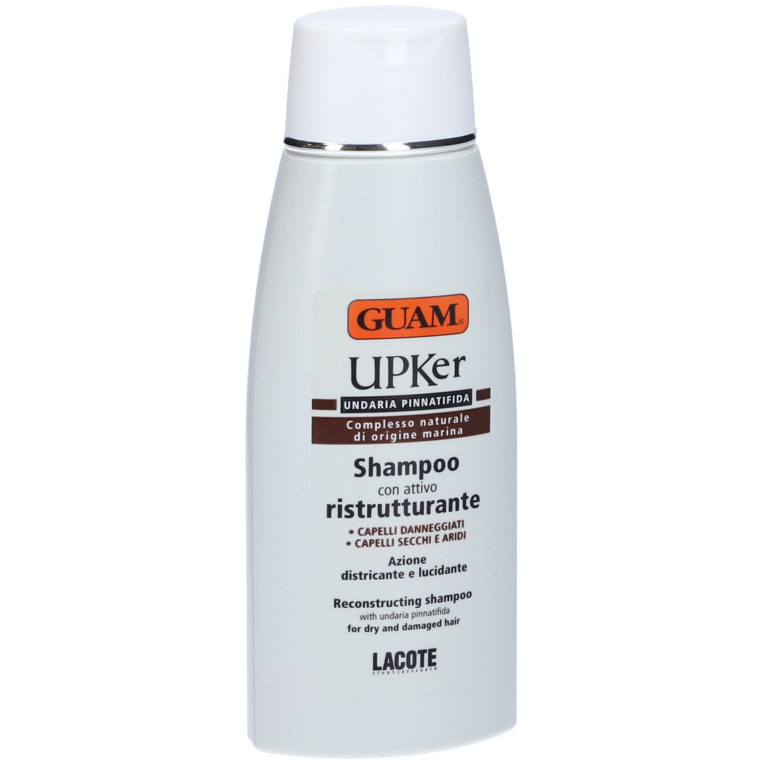 Flacone bianco GUAM Upker Shampoo. Scritta in italiano e inglese. Tappo bianco, dettagli argento. Sfondo bianco.