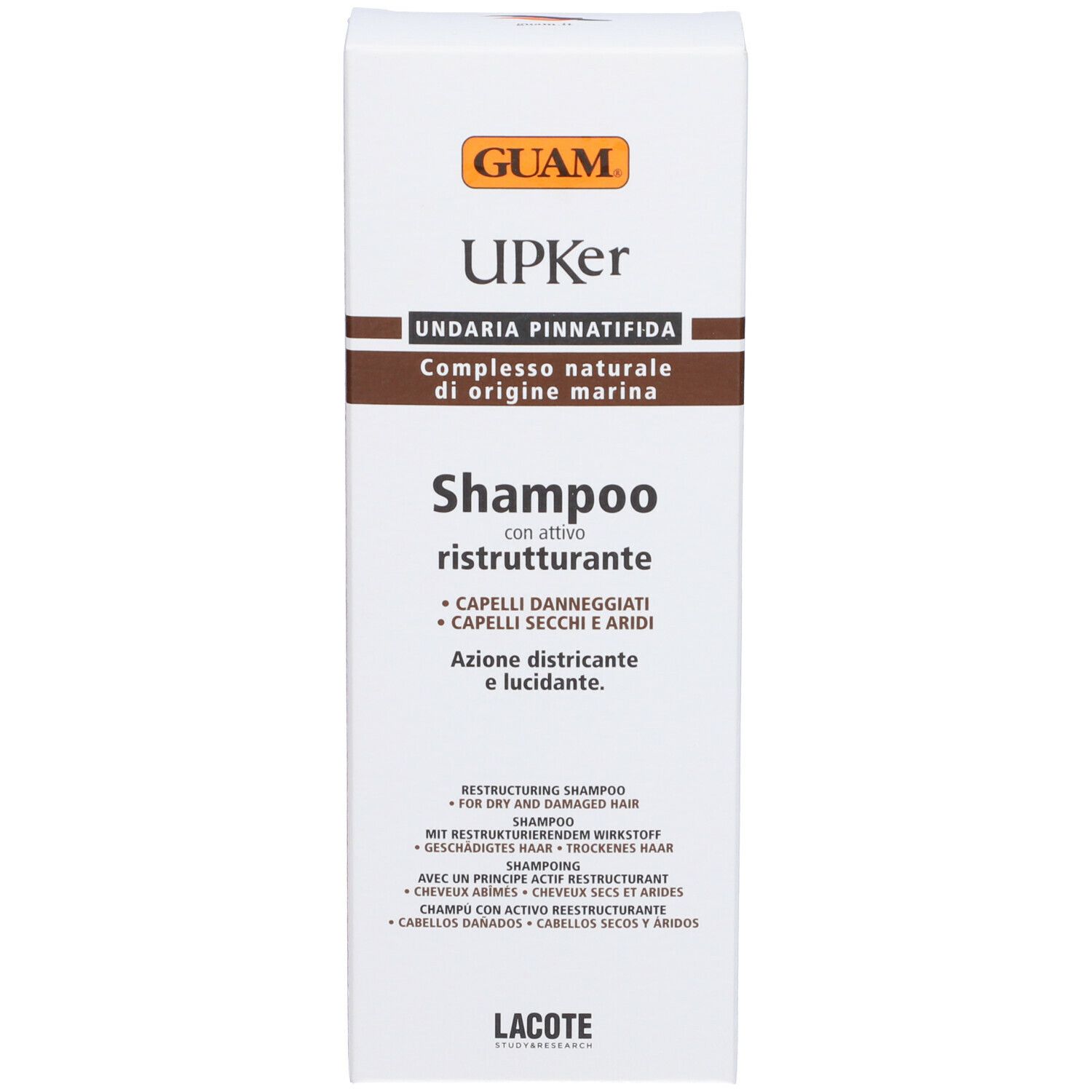 Confezione bianca GUAM Upker Shampoo. Testo multilingue. Sfondo bianco.