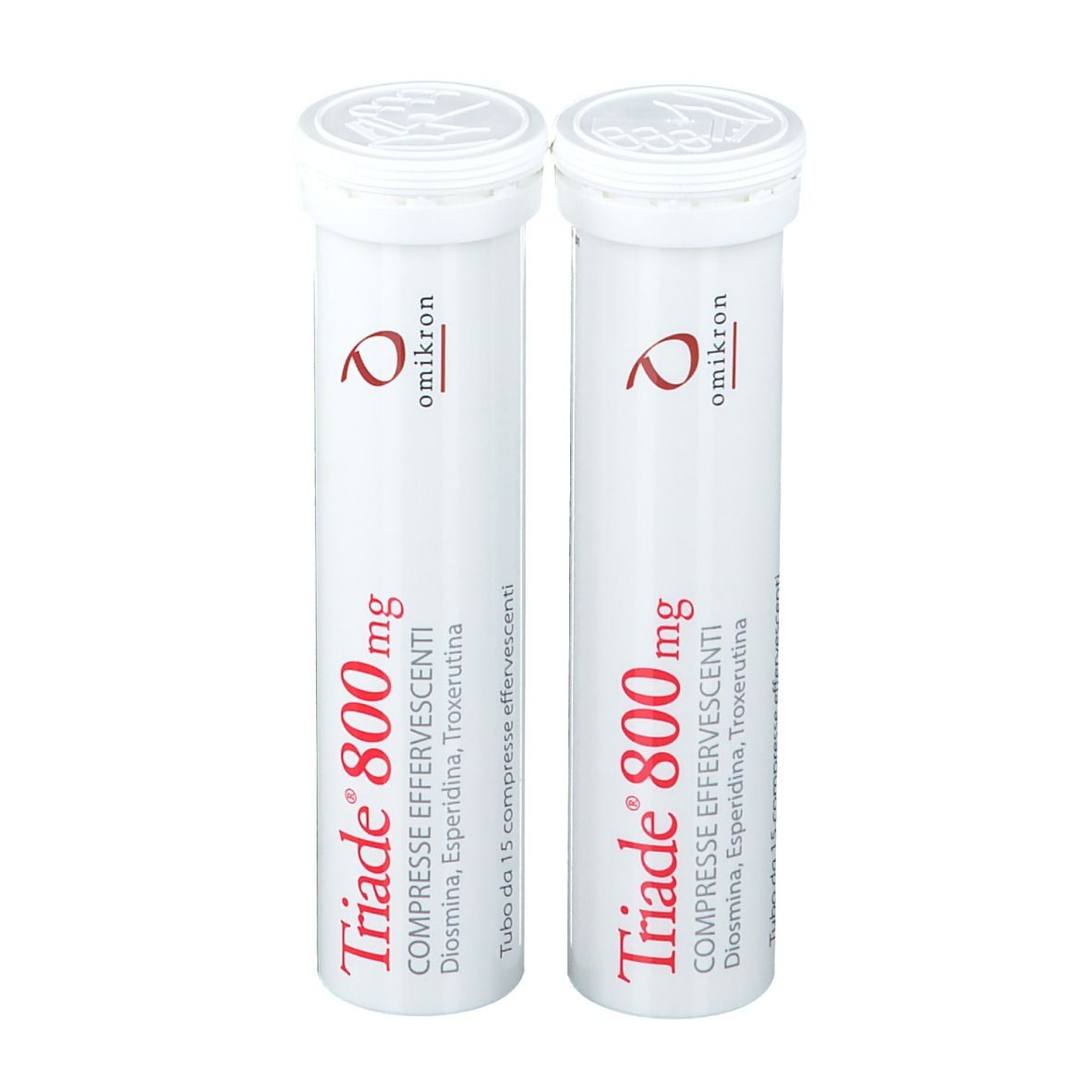 Deux tubes blancs Triade® 800 mg. Inscription : Compresse Effervescenti, Diosmina, Esperidina, Troxerutina.