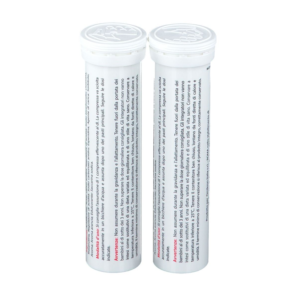 Deux tubes blancs avec texte. Inscription : Compresse Effervescenti, Diosmina, Esperidina, Troxerutina. Avertissements.