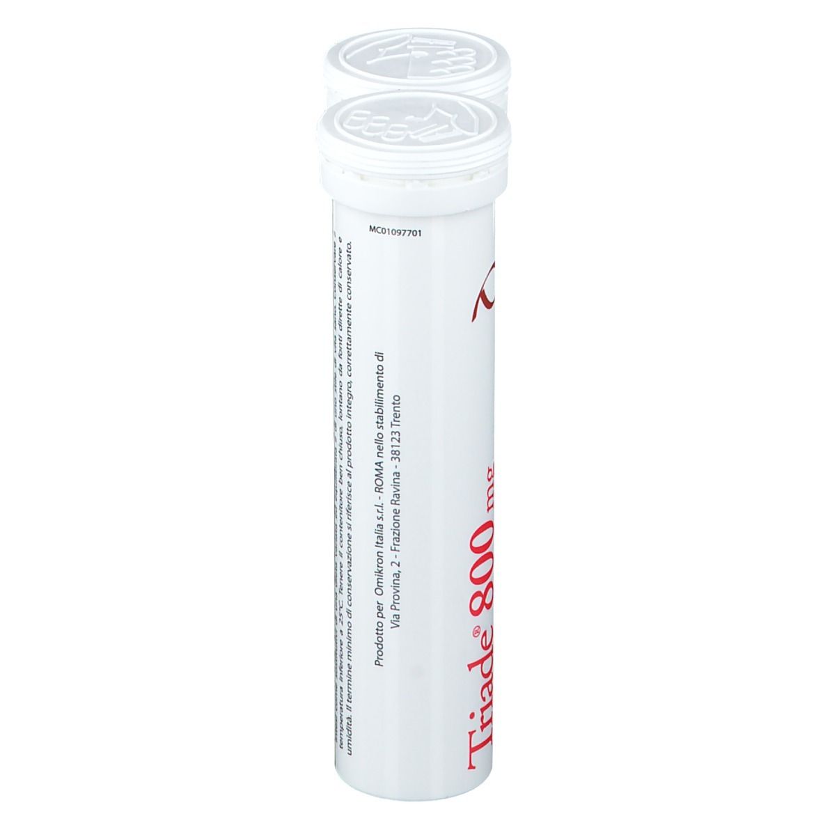 Tube blanc Triade® 800 mg. Inscription : Compresse Effervescenti, Diosmina, Esperidina, Troxerutina. Adresse du fabricant.
