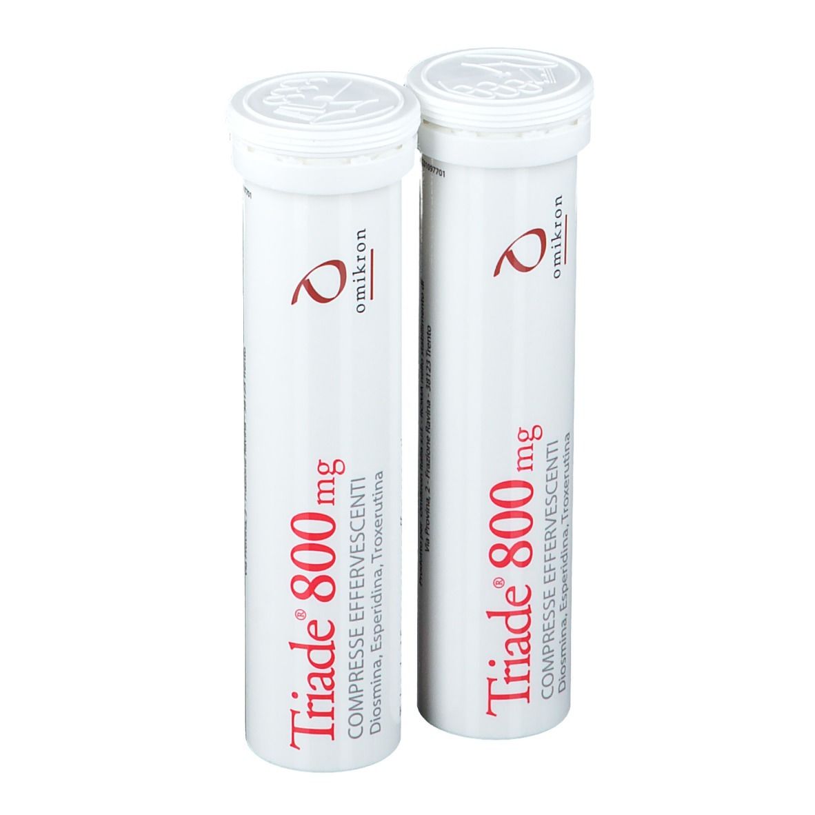 Deux tubes blancs Triade® 800 mg. Inscription : Compresse Effervescenti, Diosmina, Esperidina, Troxerutina.