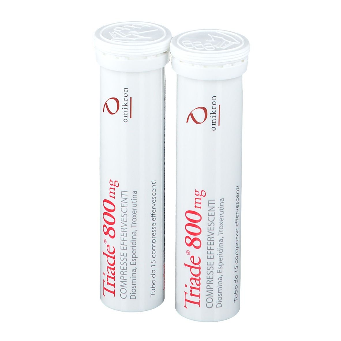 Deux tubes blancs Triade® 800 mg. Inscription : Compresse Effervescenti, Diosmina, Esperidina, Troxerutina.