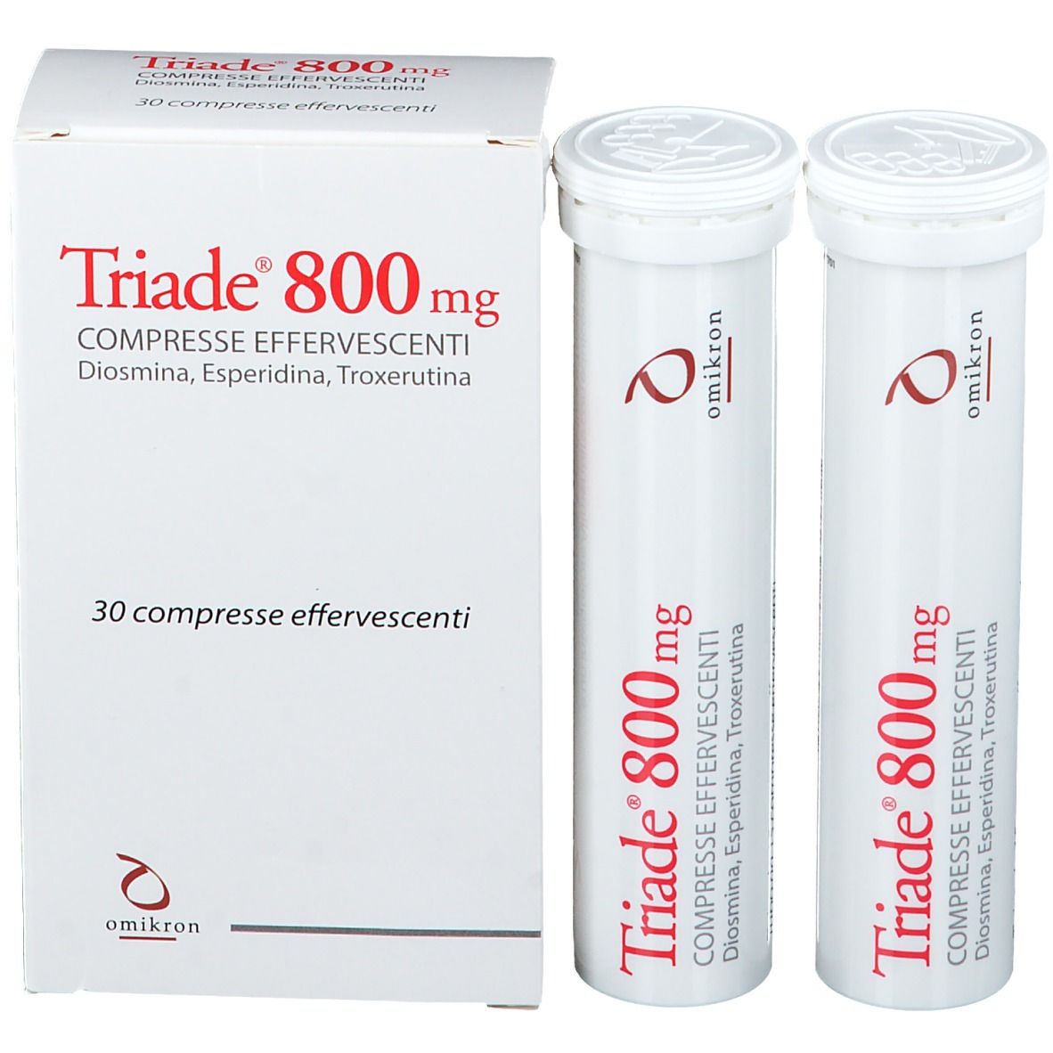Boîte et deux tubes Triade® 800 mg. Inscription : Compresse Effervescenti, Diosmina, Esperidina, Troxerutina. 30 comprimés.