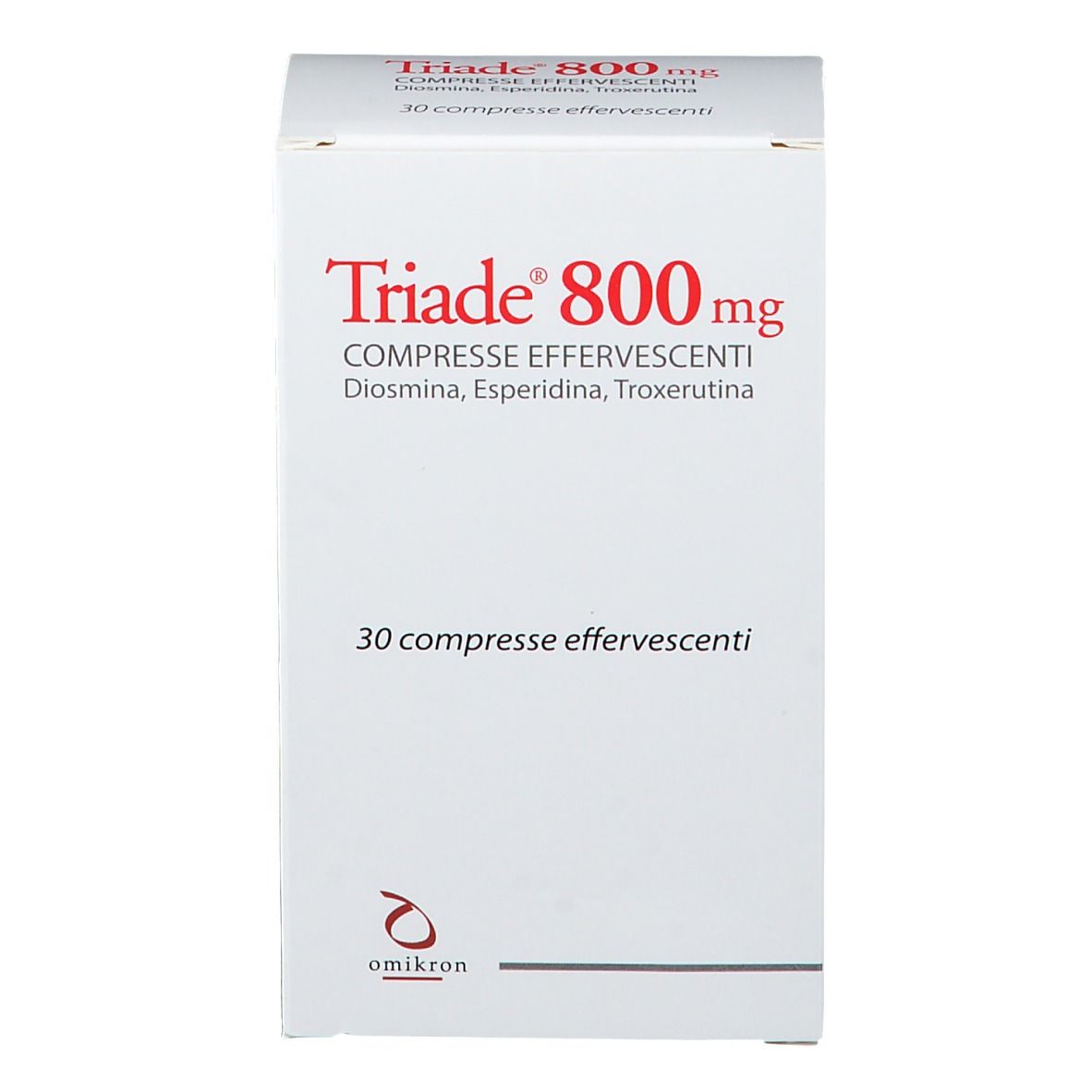 Boîte Triade® 800 mg. Inscription : Compresse Effervescenti, Diosmina, Esperidina, Troxerutina. 30 comprimés.