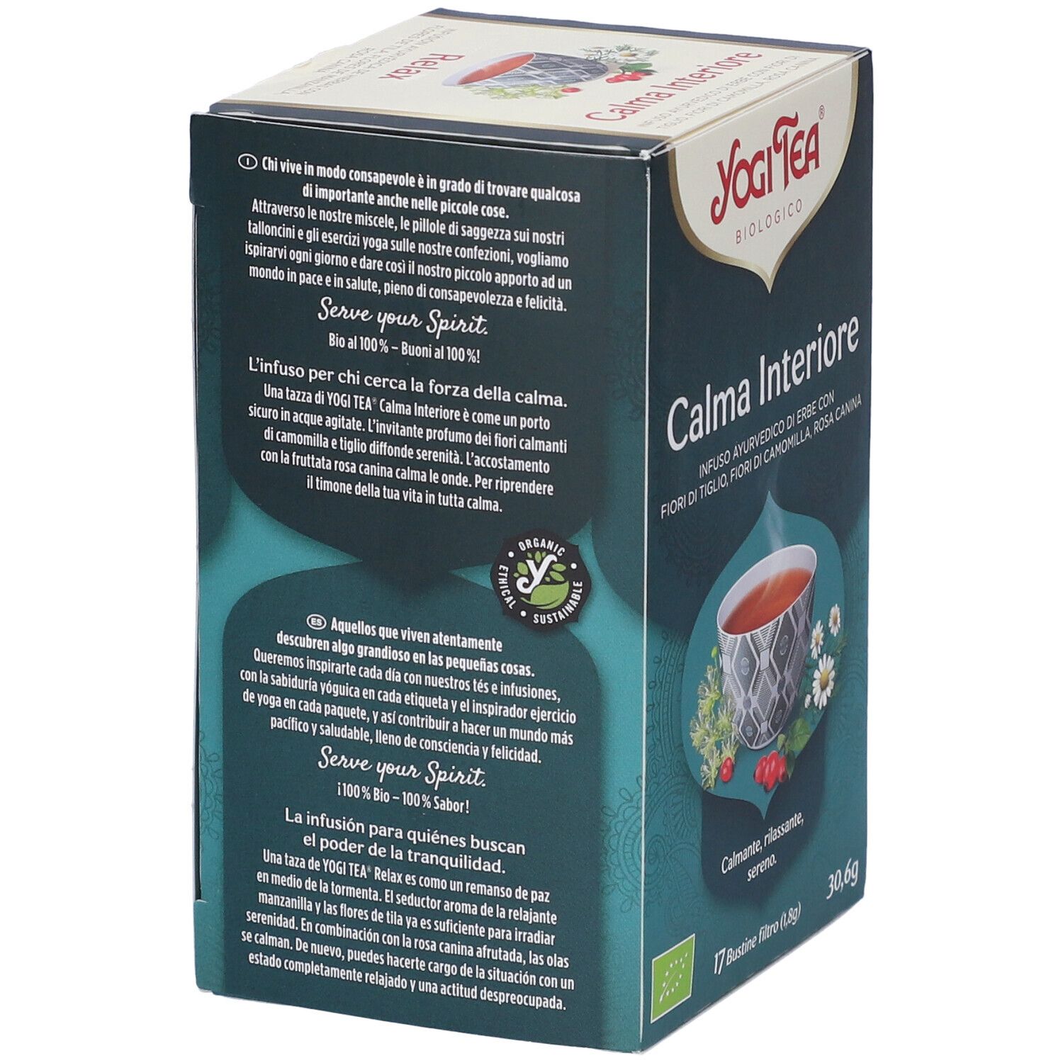 Rückseite der Yogi Tea Calma Interiore Verpackung. Text in italienischer Sprache. Bio-Zertifizierung. Abbildung einer Tasse Tee.
