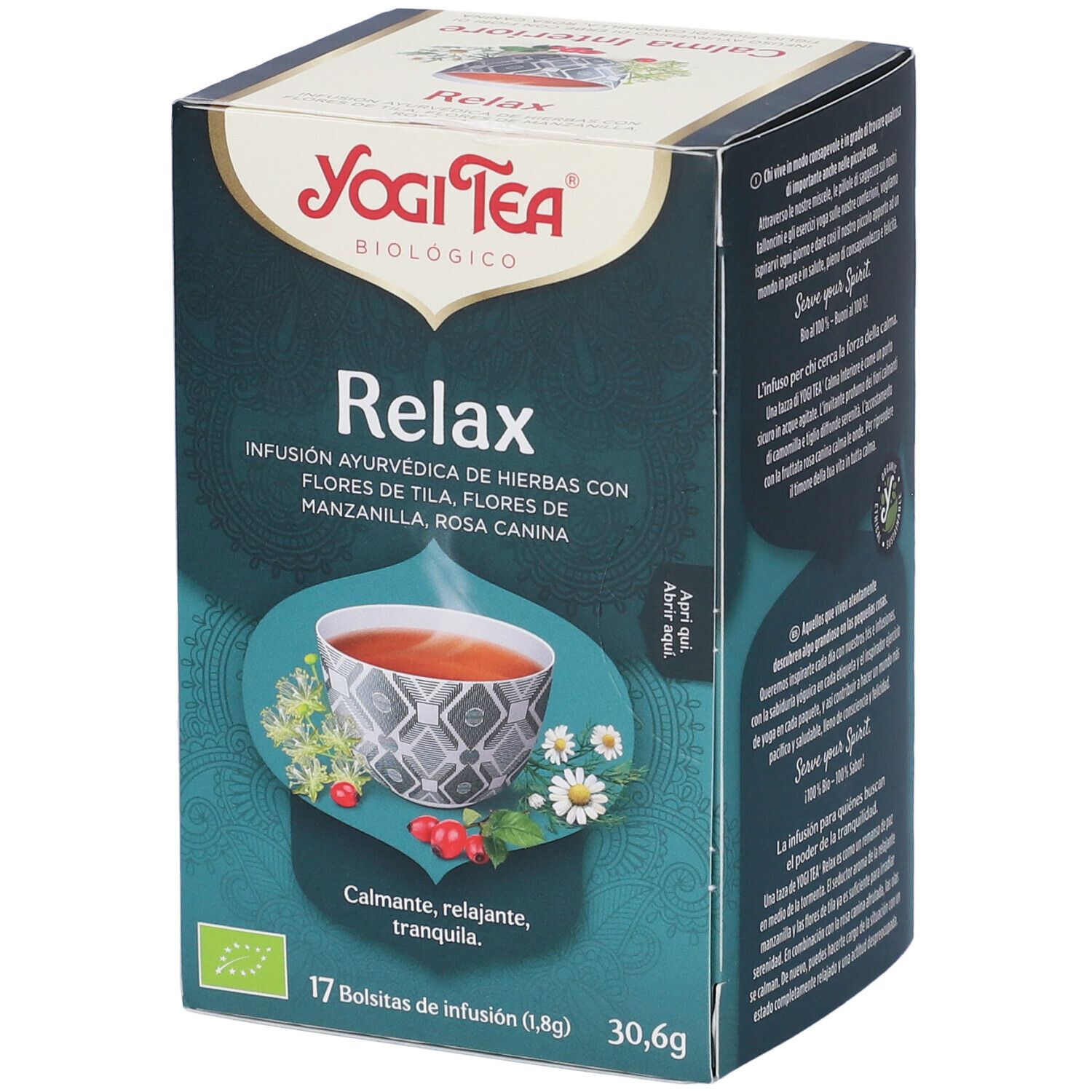 Verpackung von Yogi Tea Relax. 17 Beutel. Bio-Zertifizierung. Abbildung einer Tasse Tee mit Kräutern.