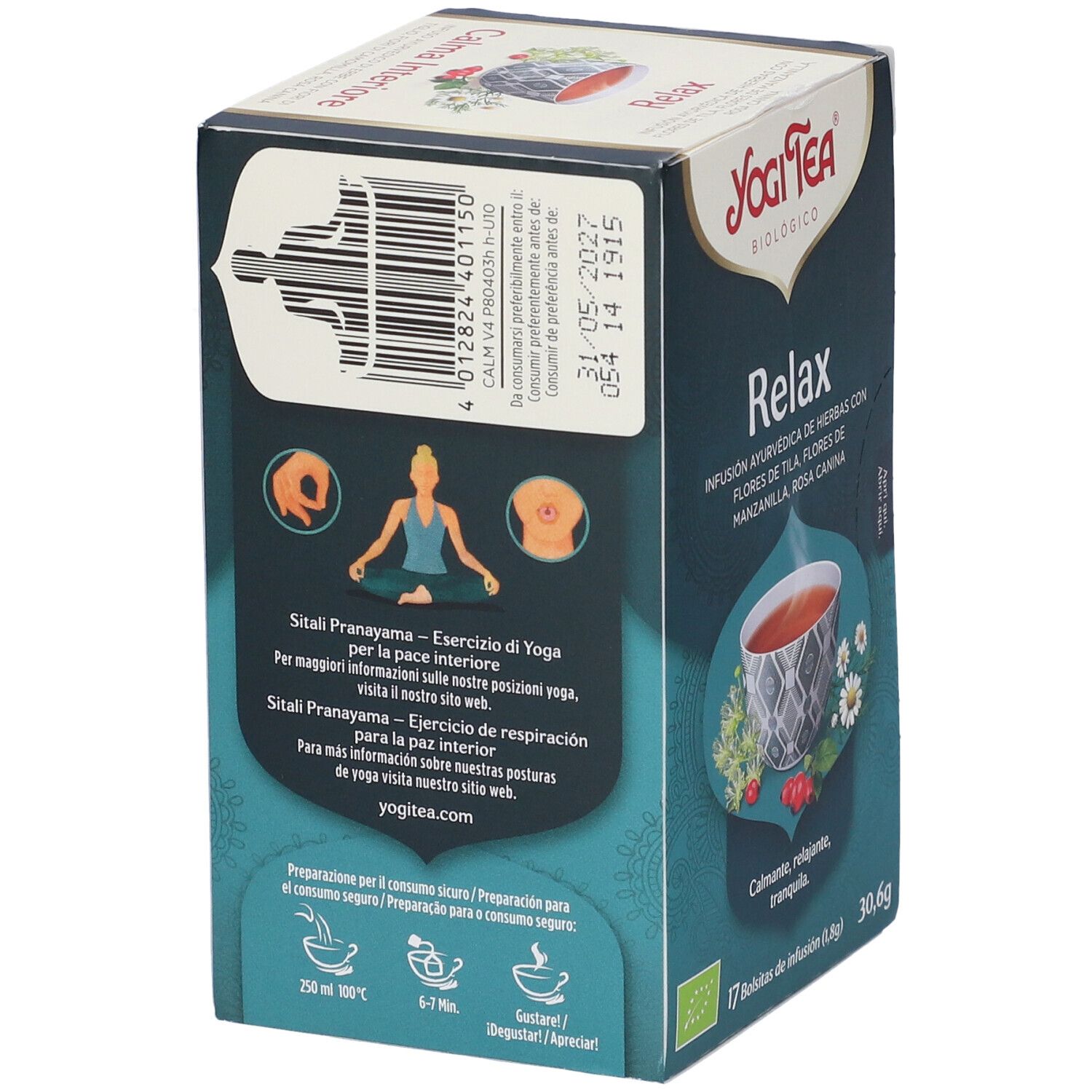 Rückseite der Yogi Tea Relax Verpackung. Text in italienischer Sprache. Bio-Zertifizierung. Abbildung einer Tasse Tee.
