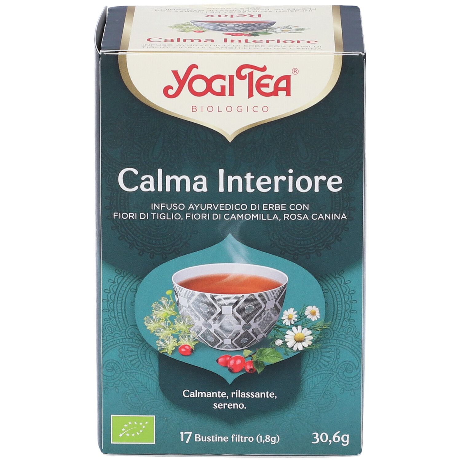 Verpackung von Yogi Tea Calma Interiore. 17 Filterbeutel. Bio-Zertifizierung. Abbildung einer Tasse Tee mit Kräutern.