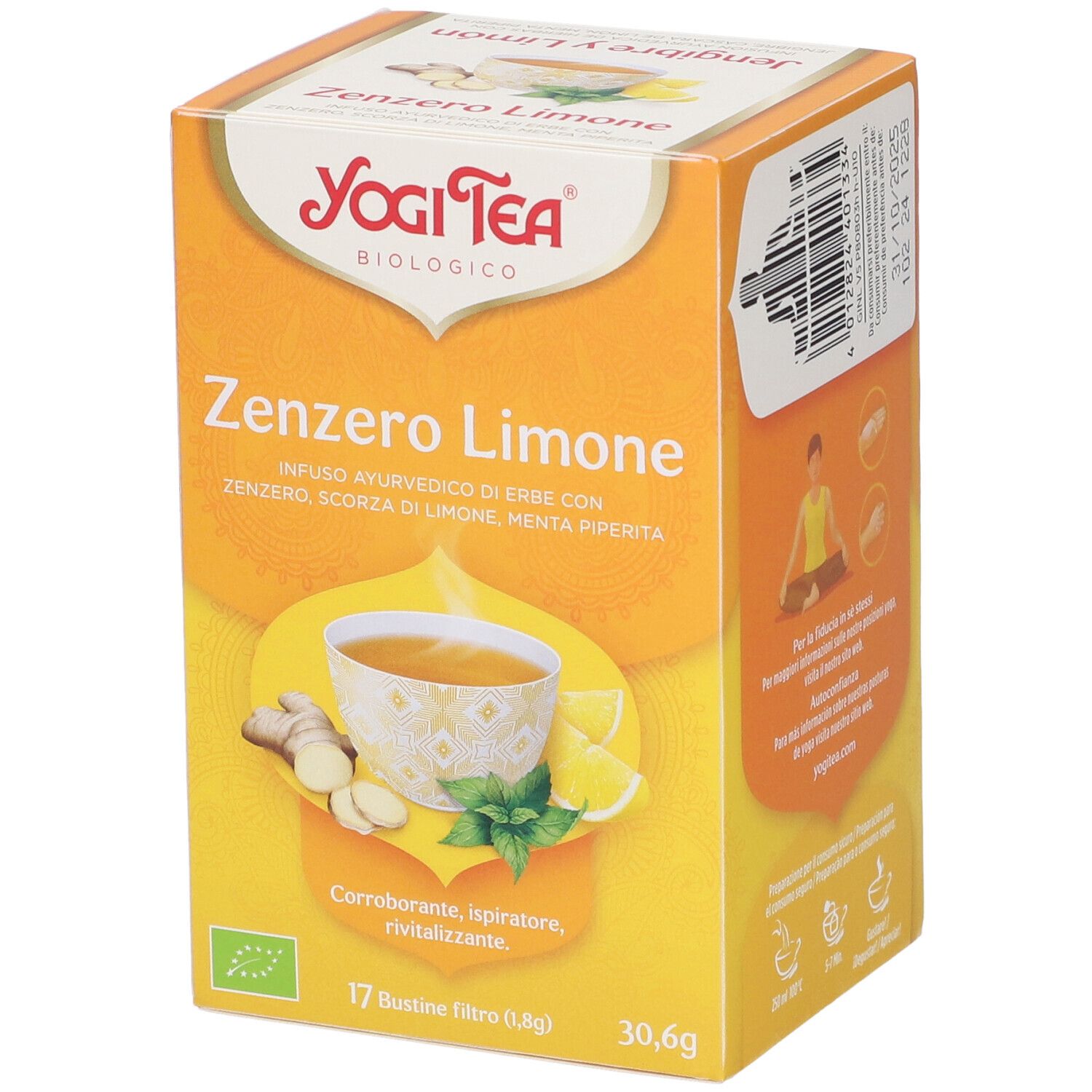 Confezione gialla Yogi Tea, angolata. Scritto: Zenzero Limone, 17 bustine filtro, 30,6g. Certificazione bio. Immagine: tazza, limone, zenzero.