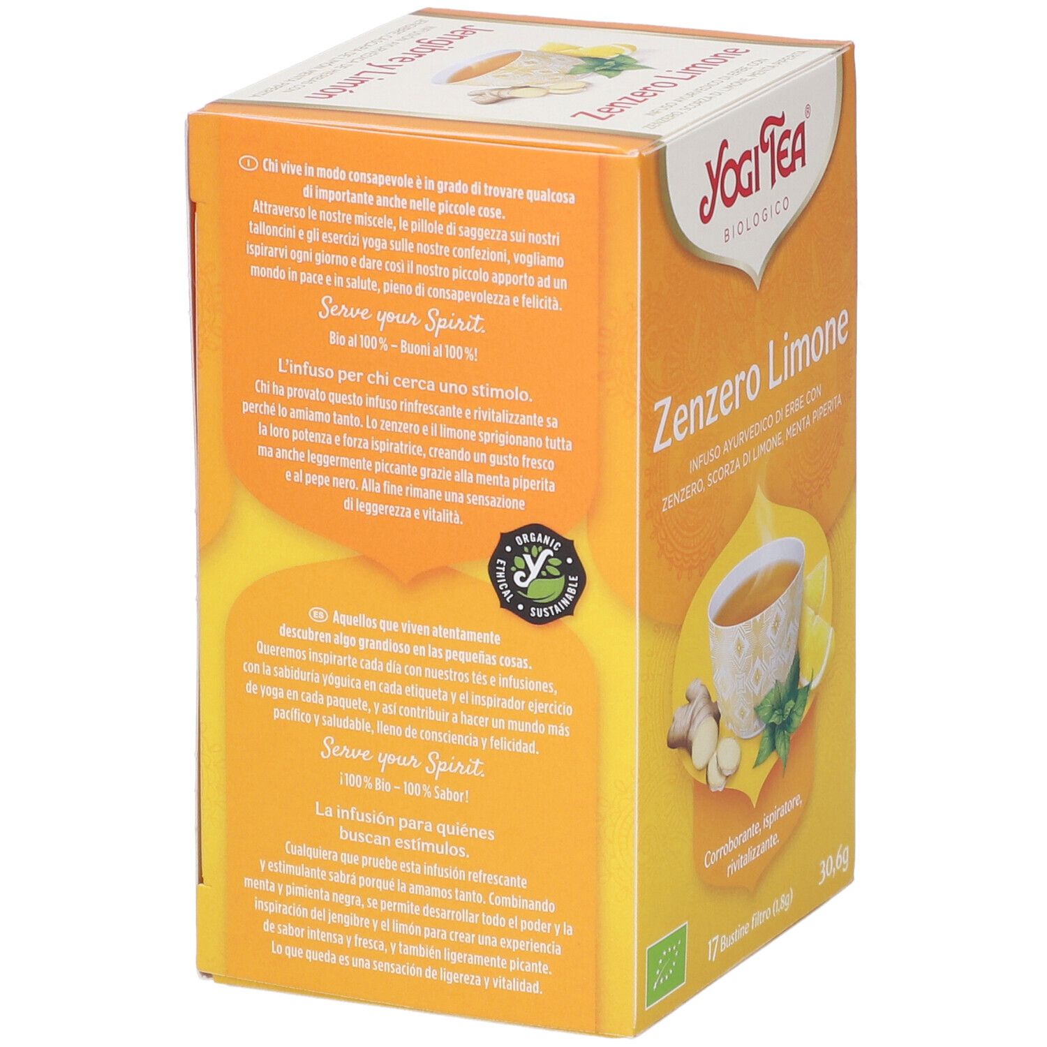 Retro della confezione gialla Yogi Tea. Testo multilingue. Certificazione bio. Immagine: tazza, limone, zenzero.