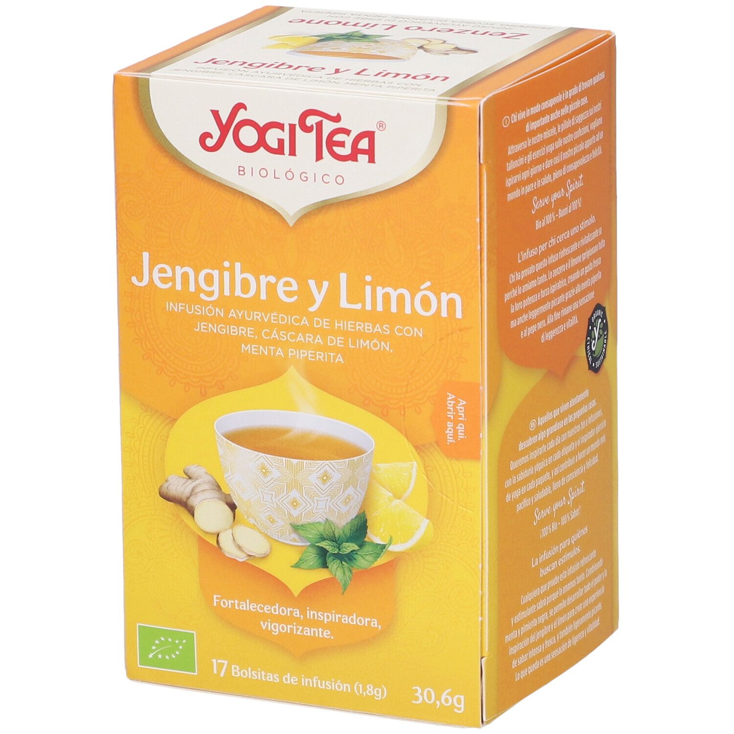 Confezione gialla Yogi Tea, angolata. Scritto: Jengibre y Limón, 17 bustine filtro, 30,6g. Certificazione bio. Immagine: tazza, limone, zenzero.