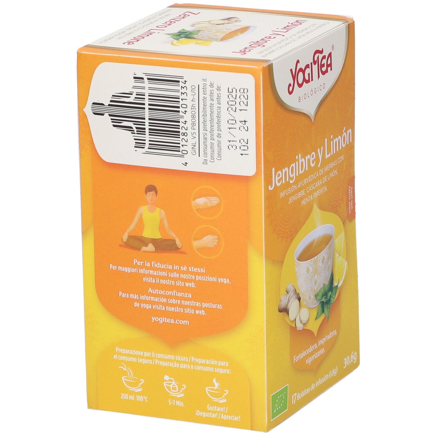 Retro della confezione gialla Yogi Tea. Codice a barre, testo multilingue. Certificazione bio. Immagine: tazza, limone, zenzero.