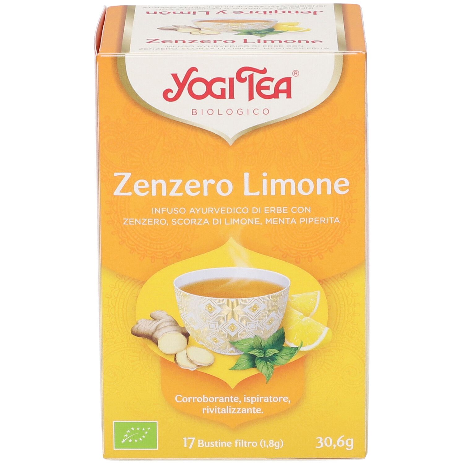 Confezione gialla Yogi Tea. Scritto: Zenzero Limone, 17 bustine filtro, 30,6g. Certificazione bio. Immagine: tazza, limone, zenzero.