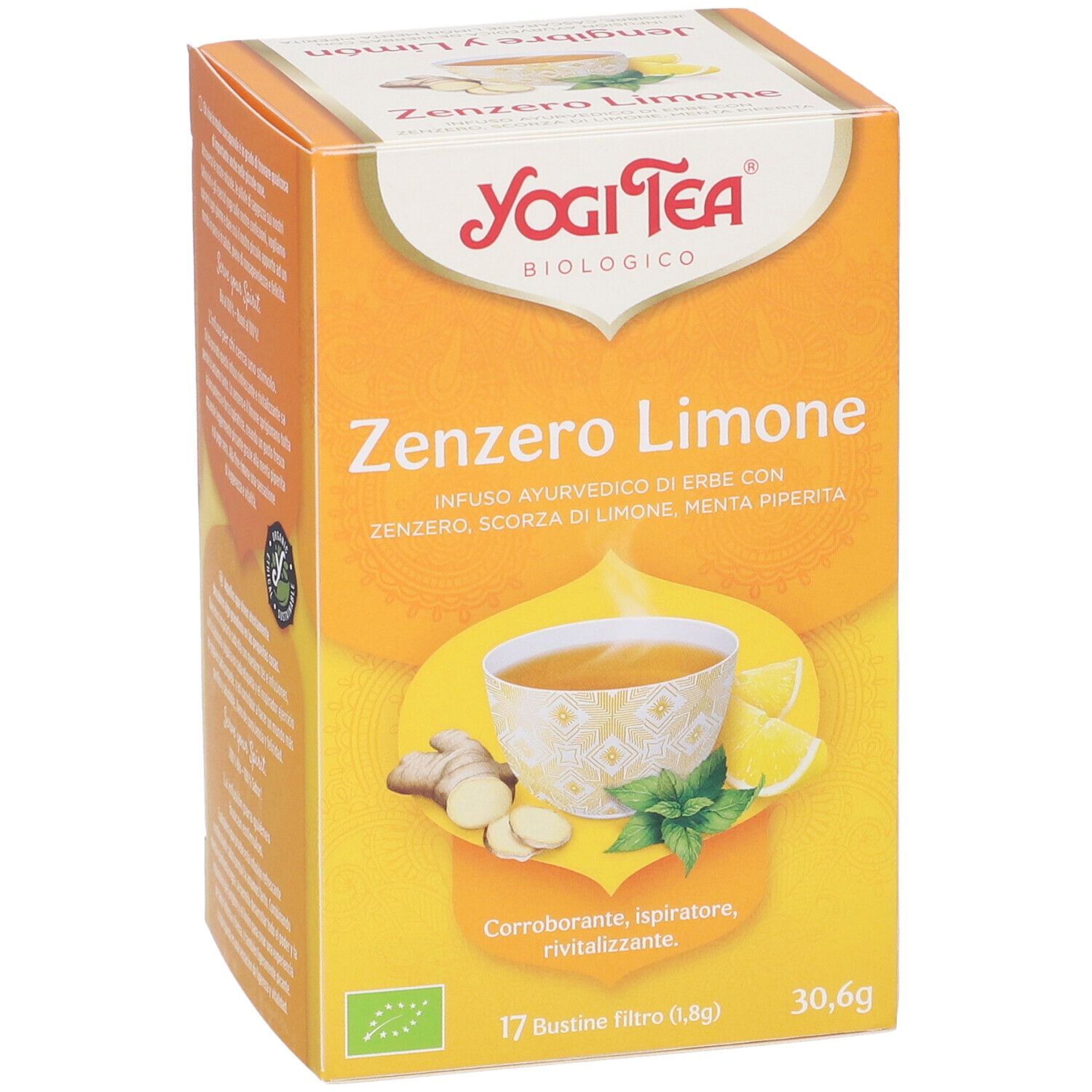 Confezione gialla Yogi Tea. Scritto: Zenzero Limone, 17 bustine filtro, 30,6g. Certificazione bio. Immagine: tazza, limone, zenzero.
