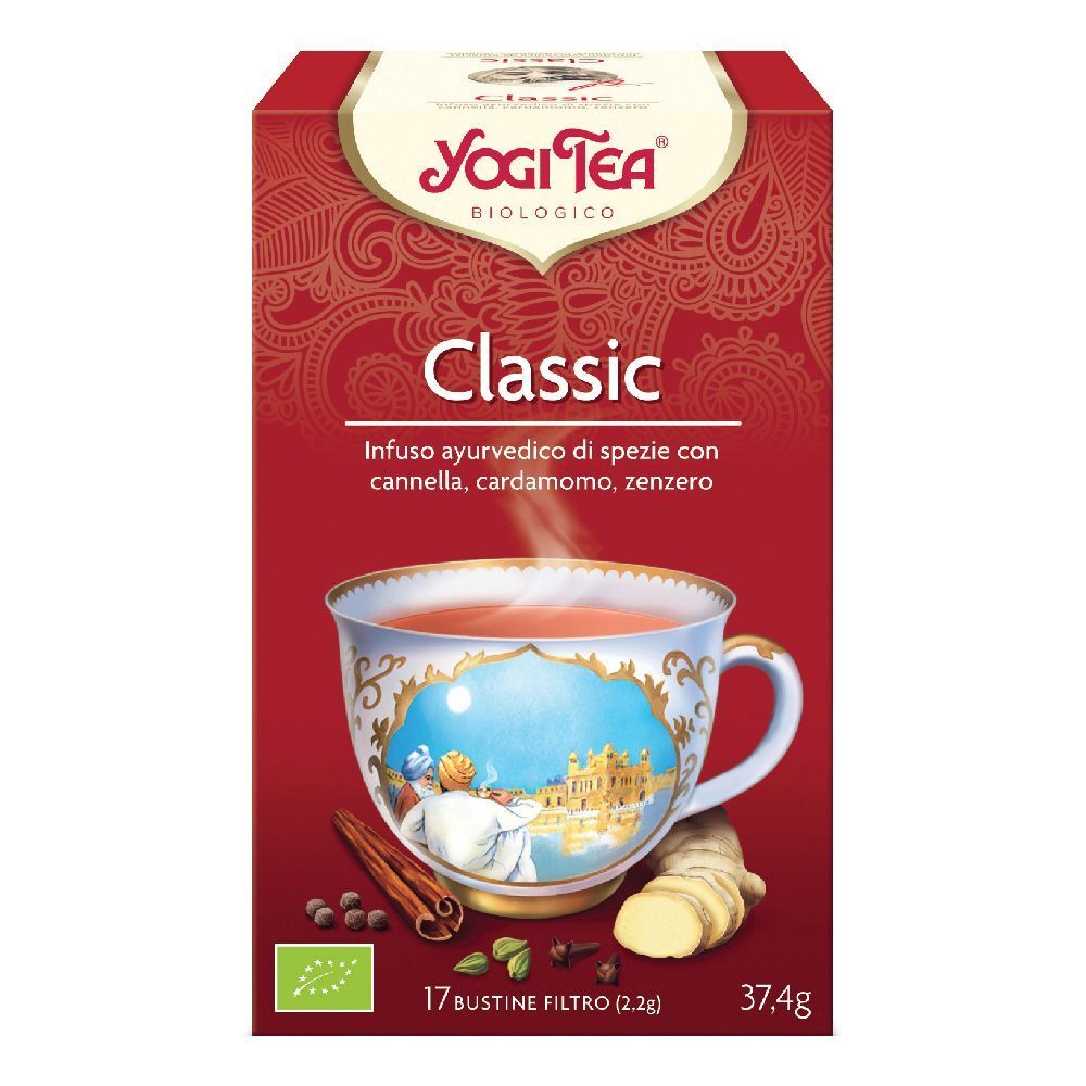 Confezione rossa Yogi Tea Classic. Tazza di tè, spezie e ingredienti illustrati. Sigillo biologico.