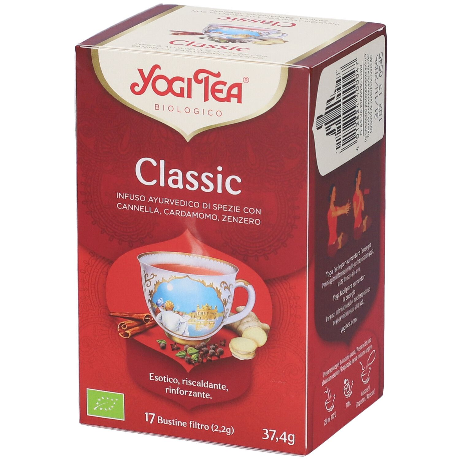 Confezione rossa Yogi Tea Classic. Vista 3/4. Tazza, spezie, ingredienti. Sigillo biologico.