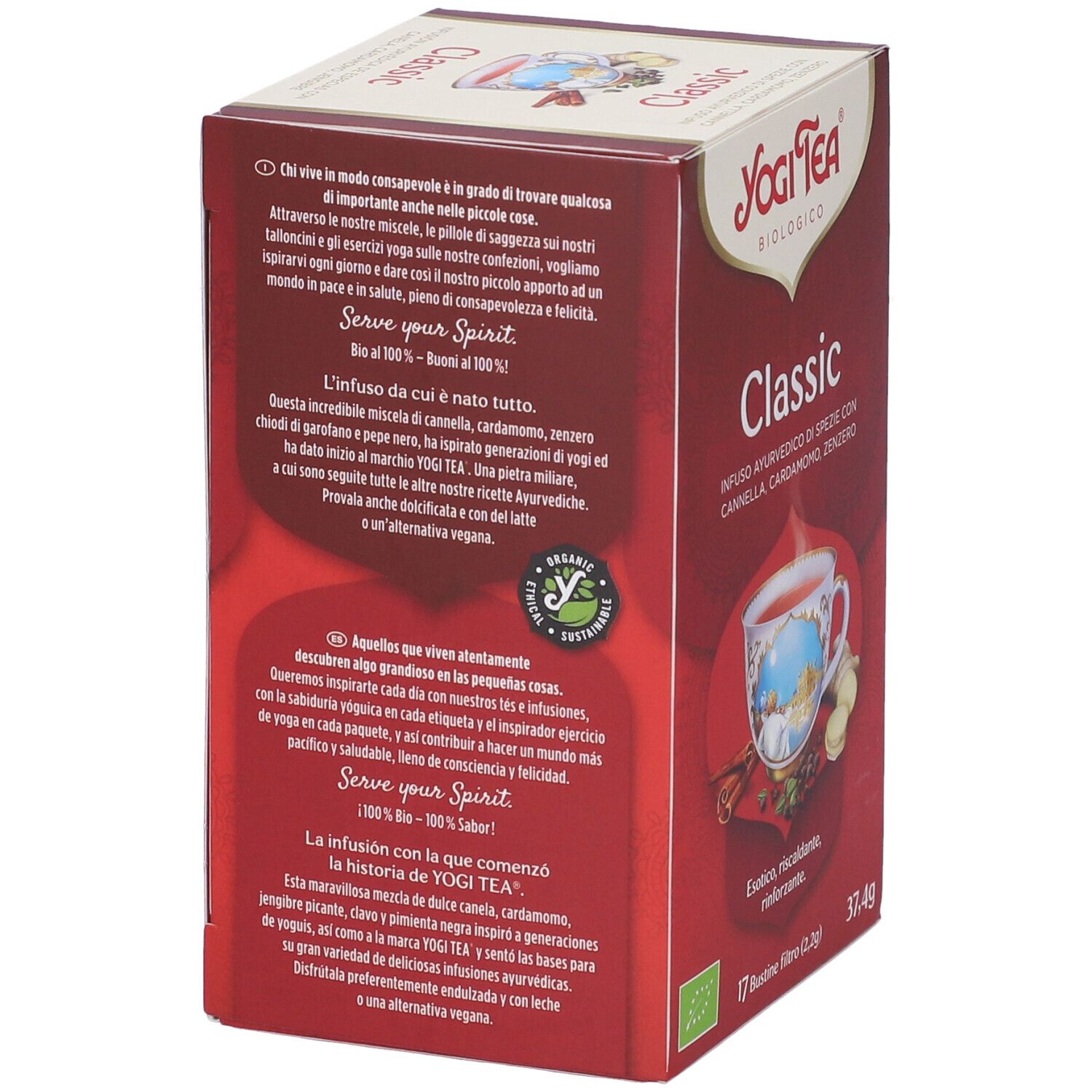 Confezione rossa Yogi Tea Classic, retro con testo. Illustrazione tazza. Sigillo biologico.