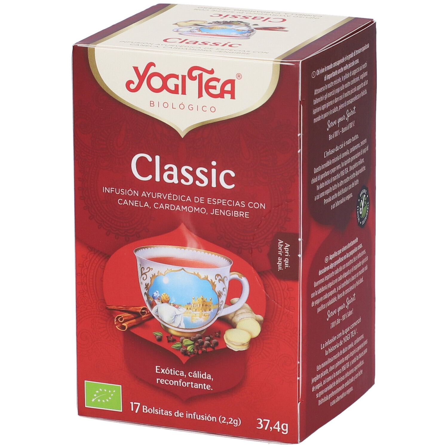 Confezione rossa Yogi Tea Classic. Vista 3/4. Tazza, spezie, ingredienti. Sigillo biologico.