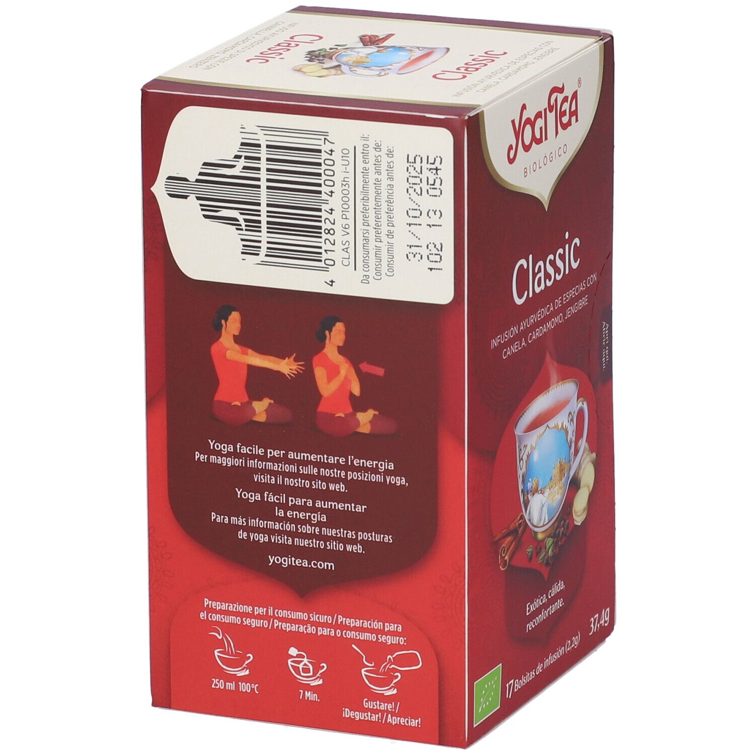Confezione rossa Yogi Tea Classic, retro con testo e illustrazioni yoga. Sigillo biologico.
