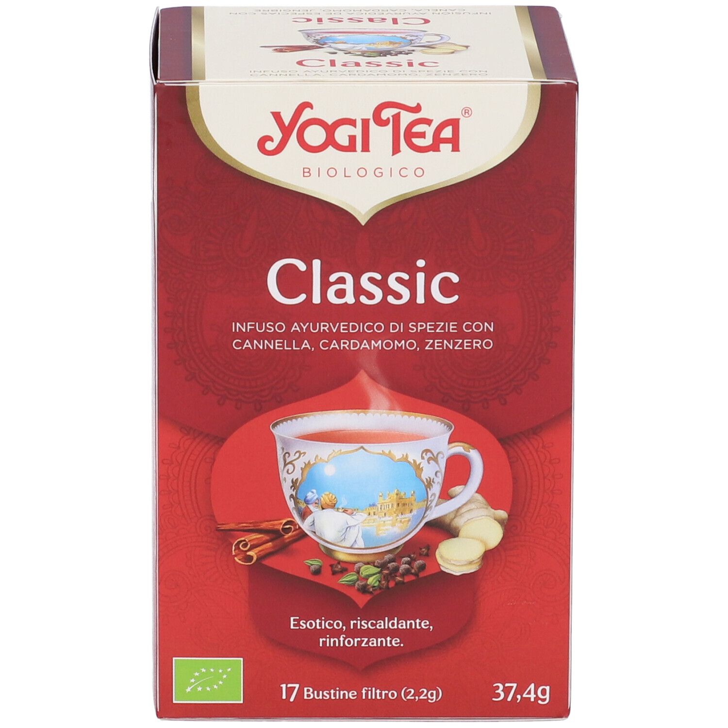 Confezione rossa Yogi Tea Classic. Tazza, spezie, ingredienti. Sigillo biologico.
