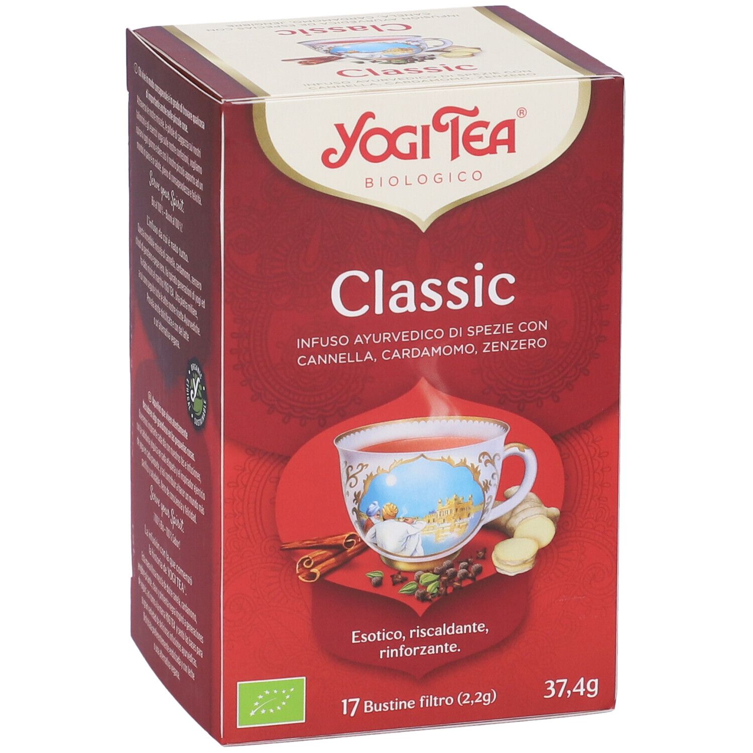 Confezione rossa Yogi Tea Classic. Vista 3/4. Tazza, spezie, ingredienti. Sigillo biologico.