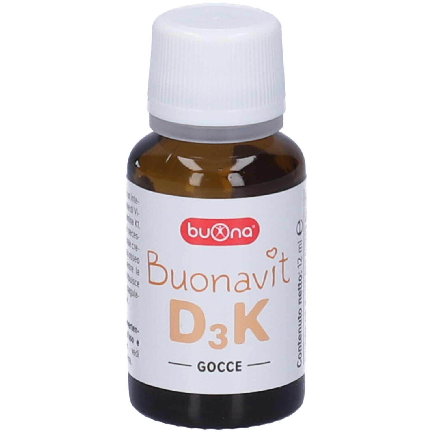 Flacone di vetro marrone con tappo bianco. Nome del prodotto e dettagli sull'etichetta.