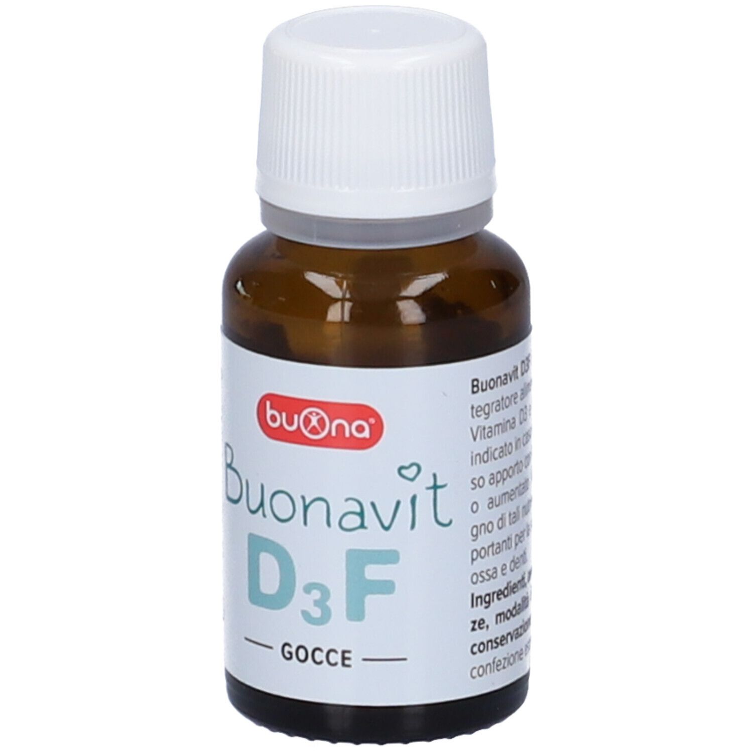 Flacone di vetro marrone con tappo bianco. Scritta "Buonavit D3F".