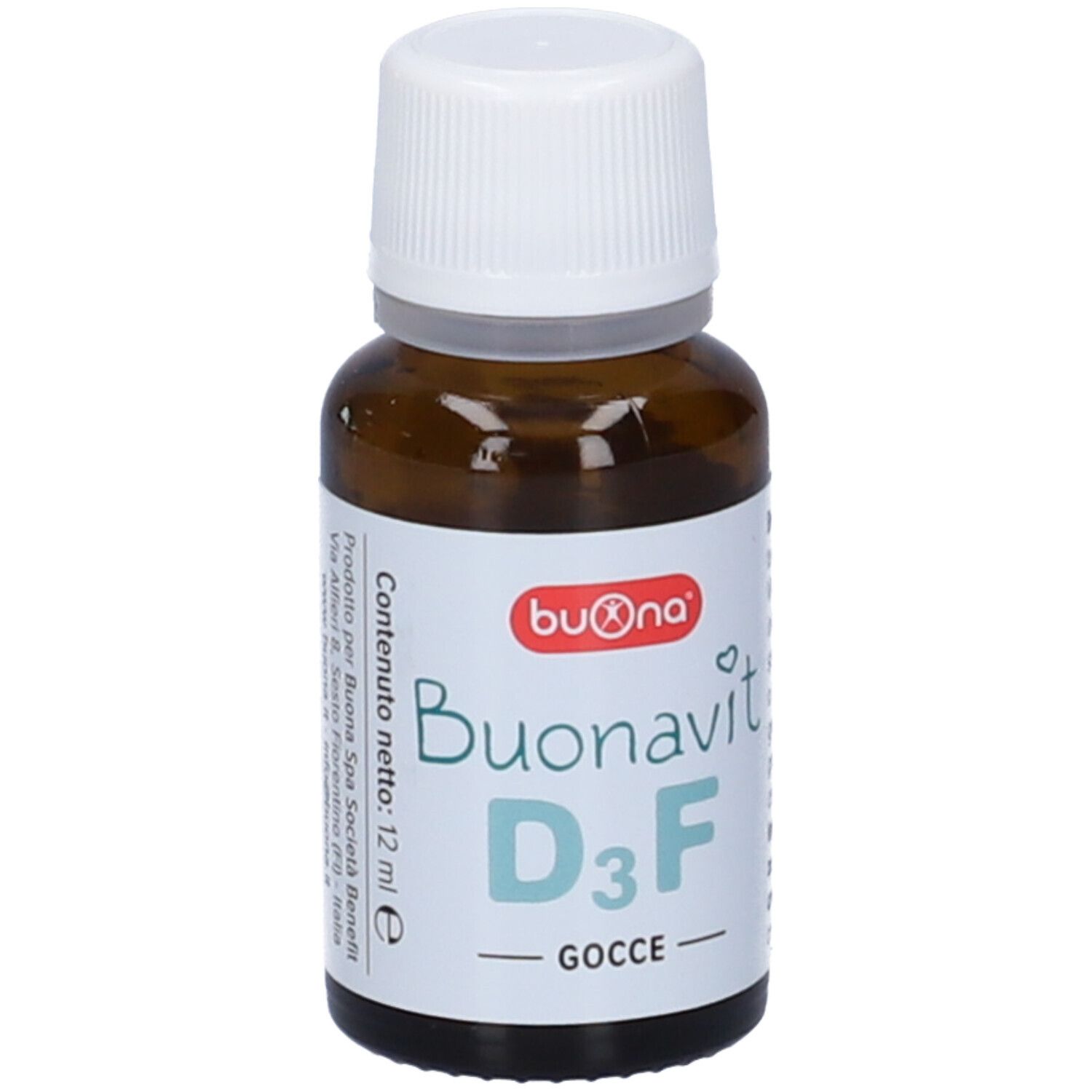 Flacone di vetro marrone con tappo bianco. Scritta "Buonavit D3F".