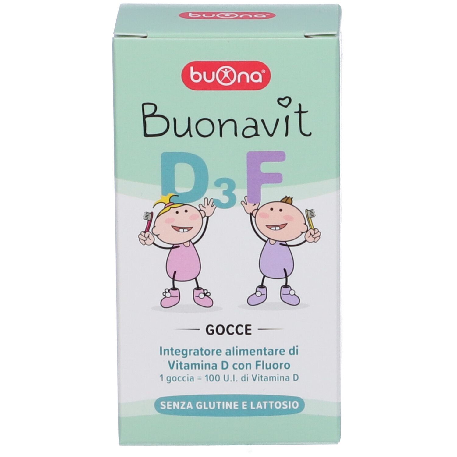 Scatola con scritta "Buonavit D3F". Sulla scatola sono raffigurati due bambini.