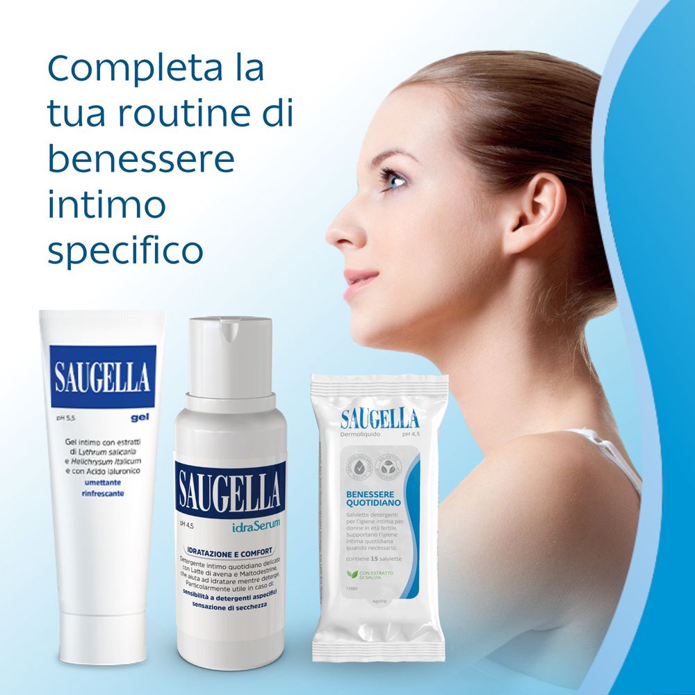 Drei Produkte. SAUGELLA gel, idraSerum und Feuchttücher. Text: Vervollständigen Sie Ihre intime Routine.